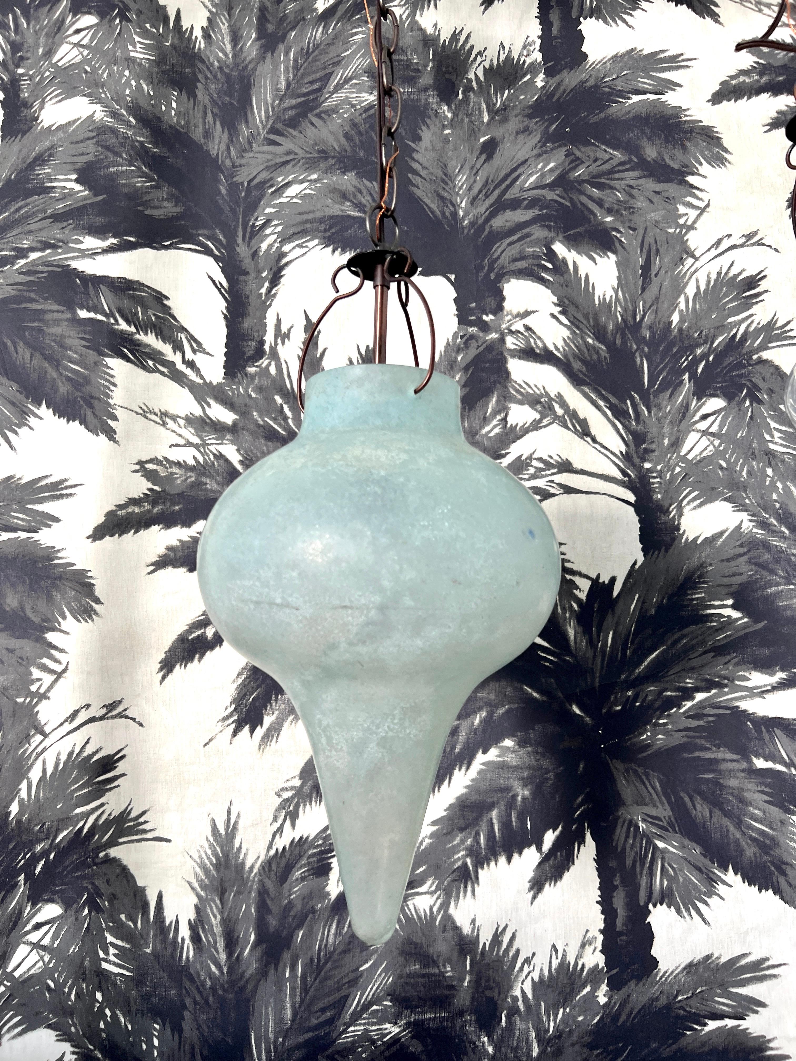 Venetian Scavo Glass Pendant Chandelier in Etched Aqua, Late 20th Century 5