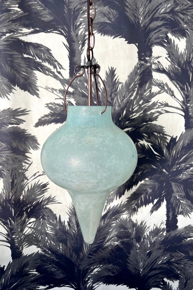 Moorish Venetian Scavo Glass Pendant Chandelier in Etched Aqua, Late 20th Century  For Sale