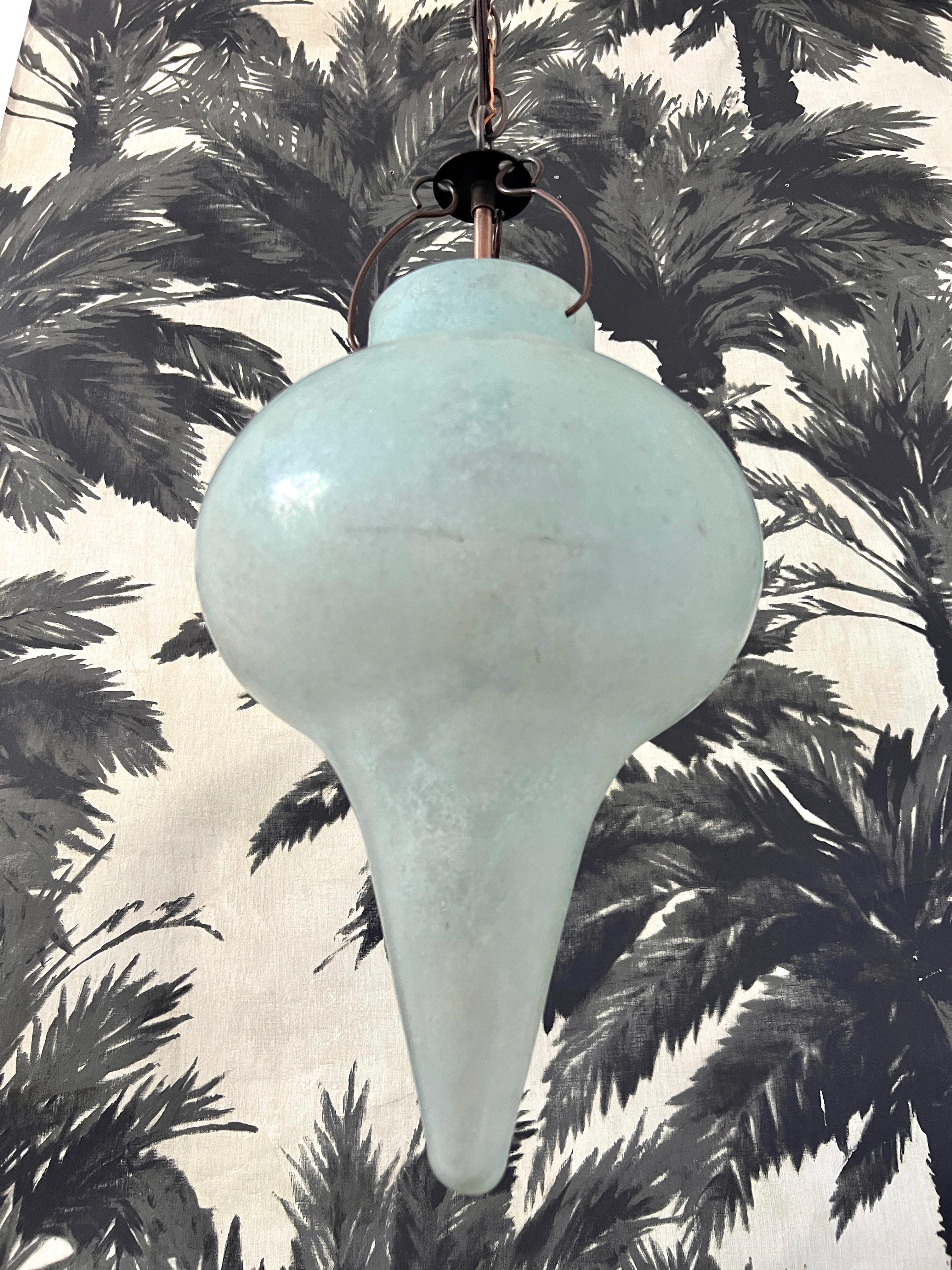 Italian Venetian Scavo Glass Pendant Chandelier in Etched Aqua, Late 20th Century