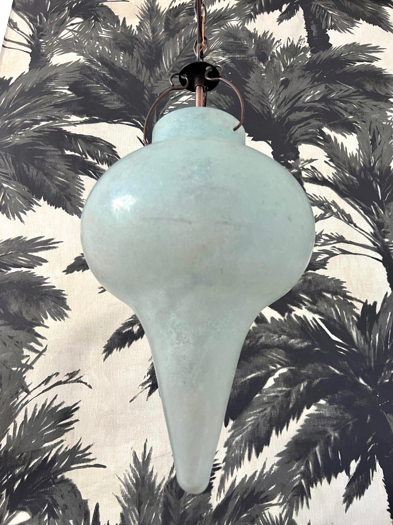 Italian Venetian Scavo Glass Pendant Chandelier in Etched Aqua, Late 20th Century  For Sale