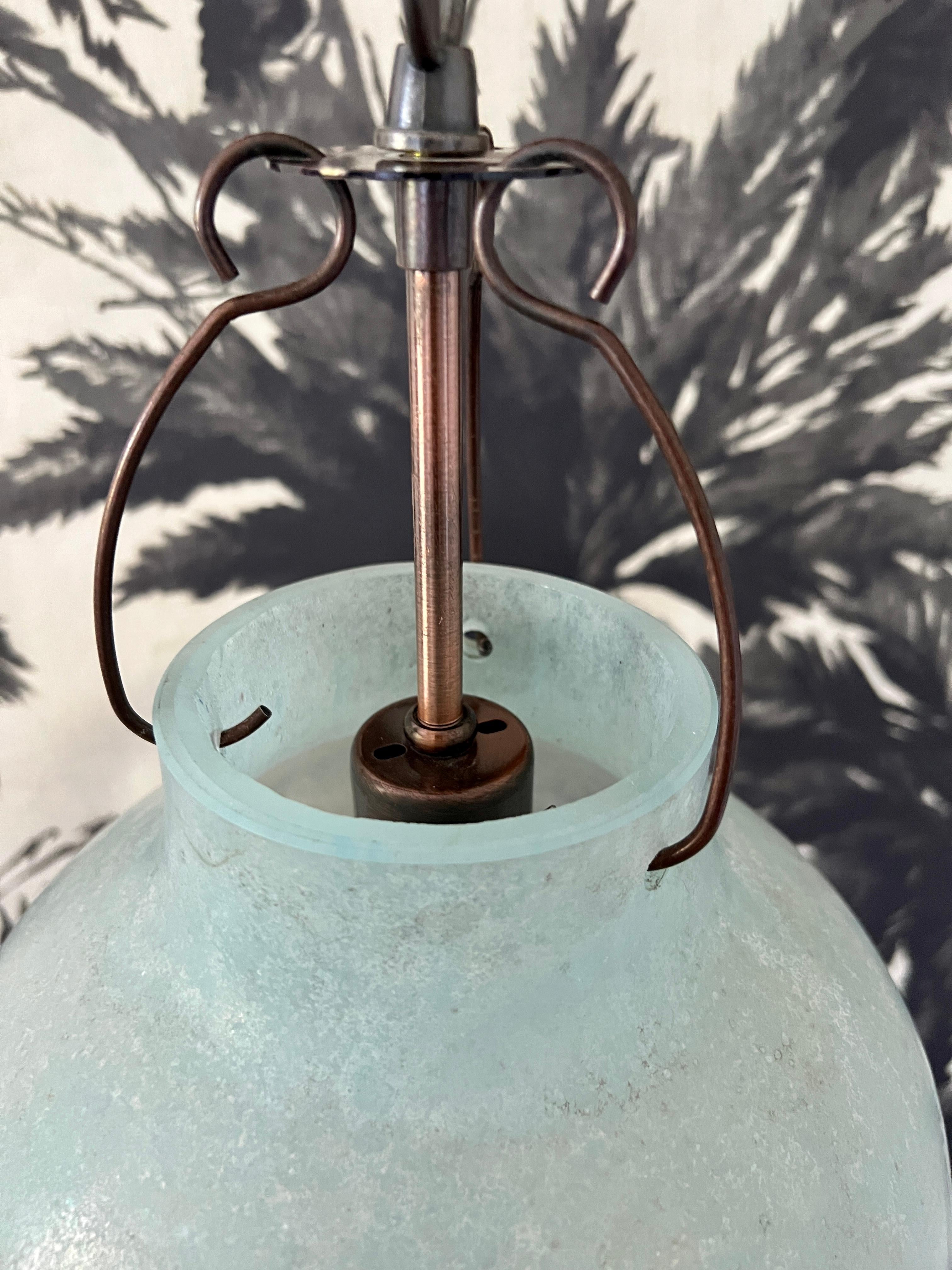 Blown Glass Venetian Scavo Glass Pendant Chandelier in Etched Aqua, Late 20th Century