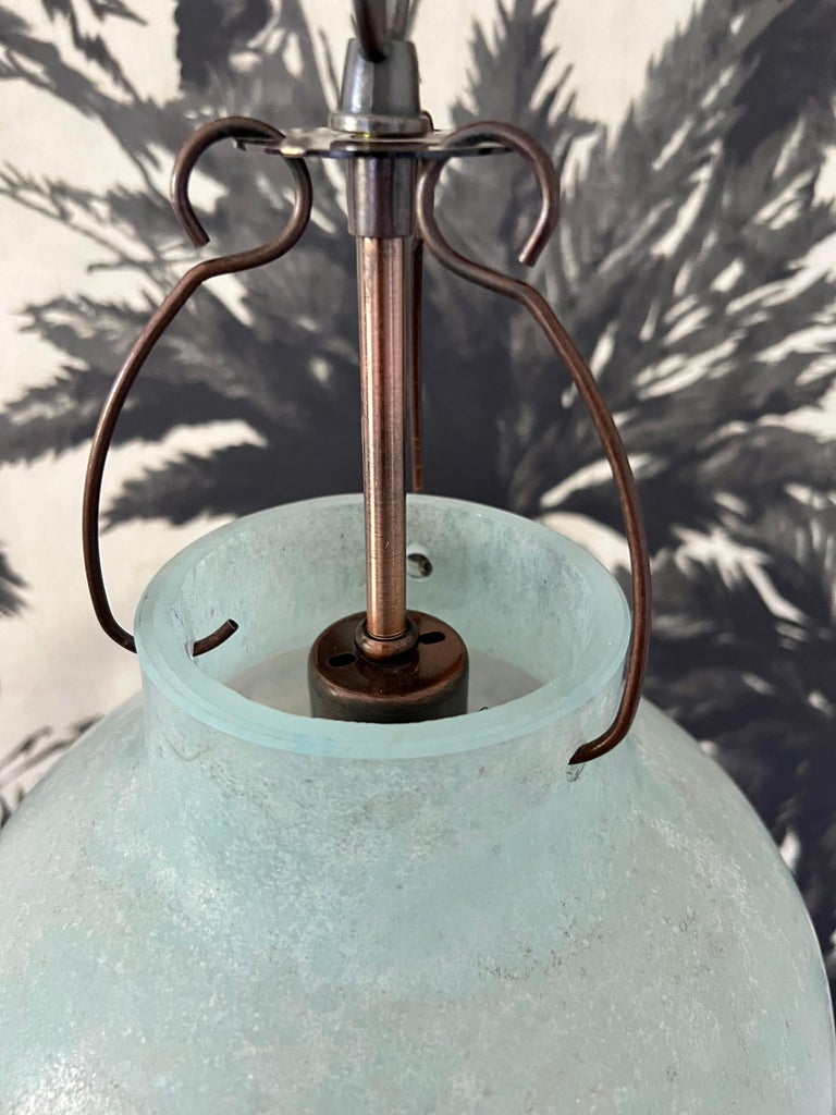 Blown Glass Venetian Scavo Glass Pendant Chandelier in Etched Aqua, Late 20th Century  For Sale