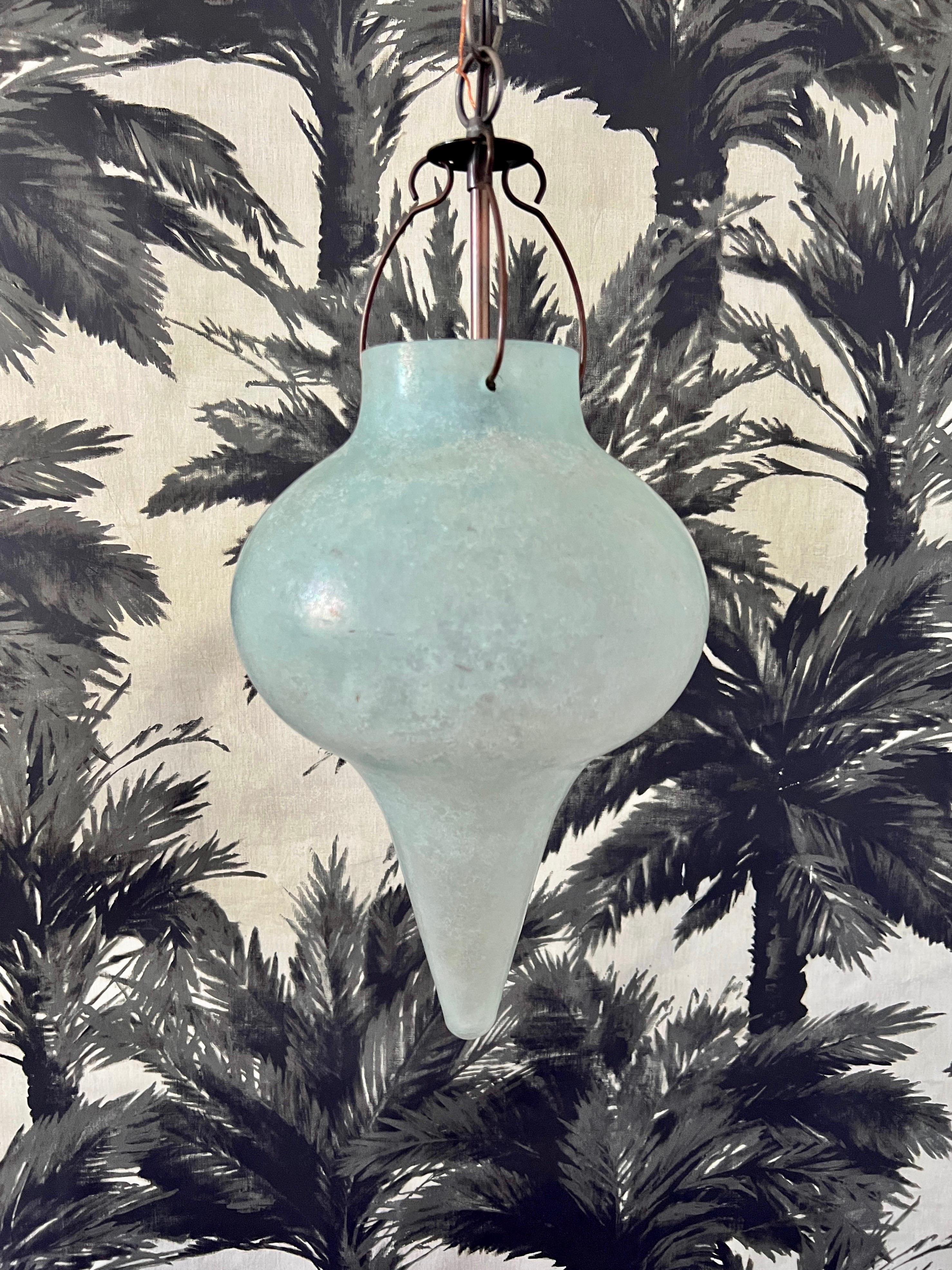 Venetian Scavo Glass Pendant Chandelier in Etched Aqua, Late 20th Century 1