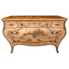 Venetian Scenic Bombe Chinoiserie Painted Commode with a Faux Marble Top