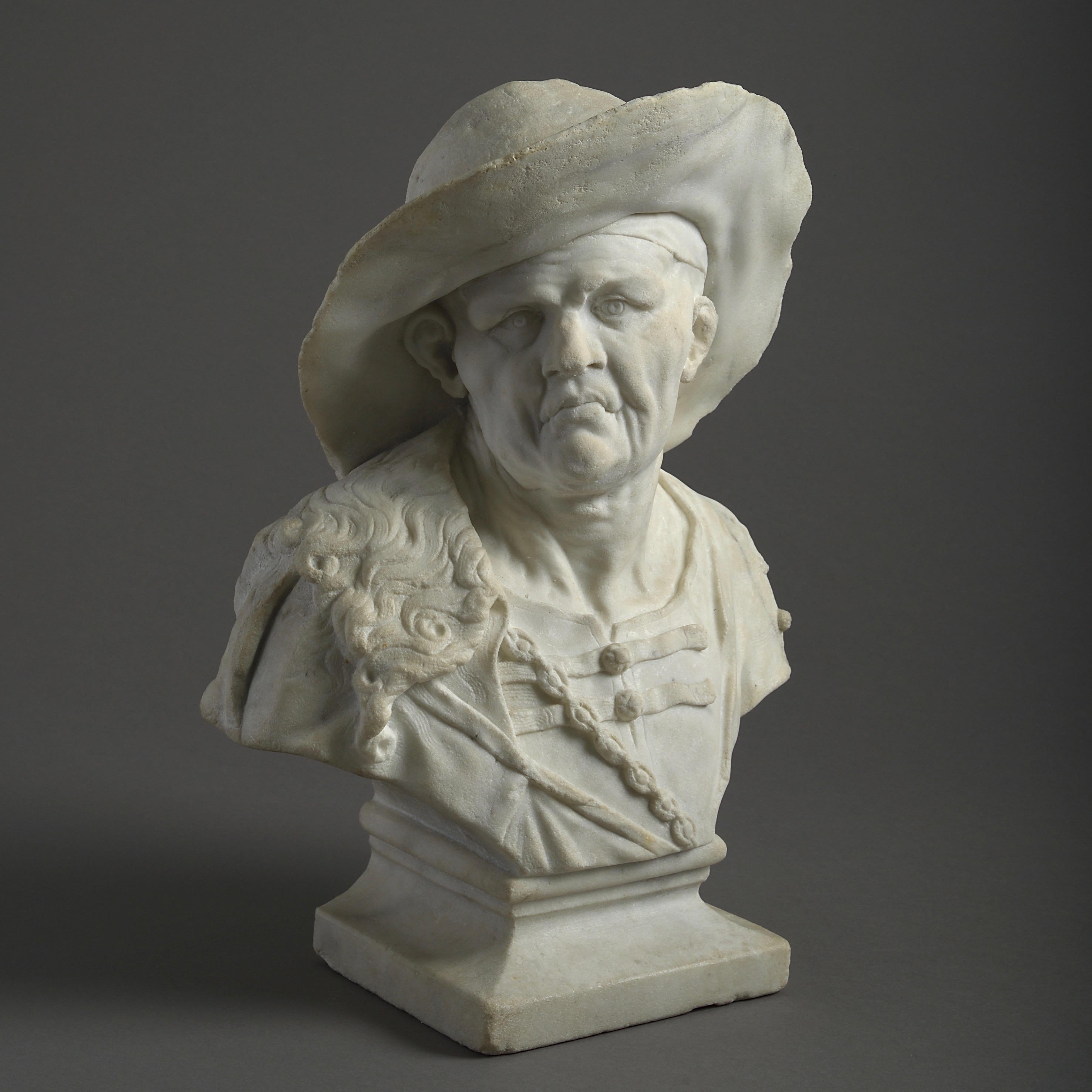 Kreis von Orazio Marinali.

Büste eines alten Mannes mit einem breitkrempigen Hut. Statuarischer Marmor.