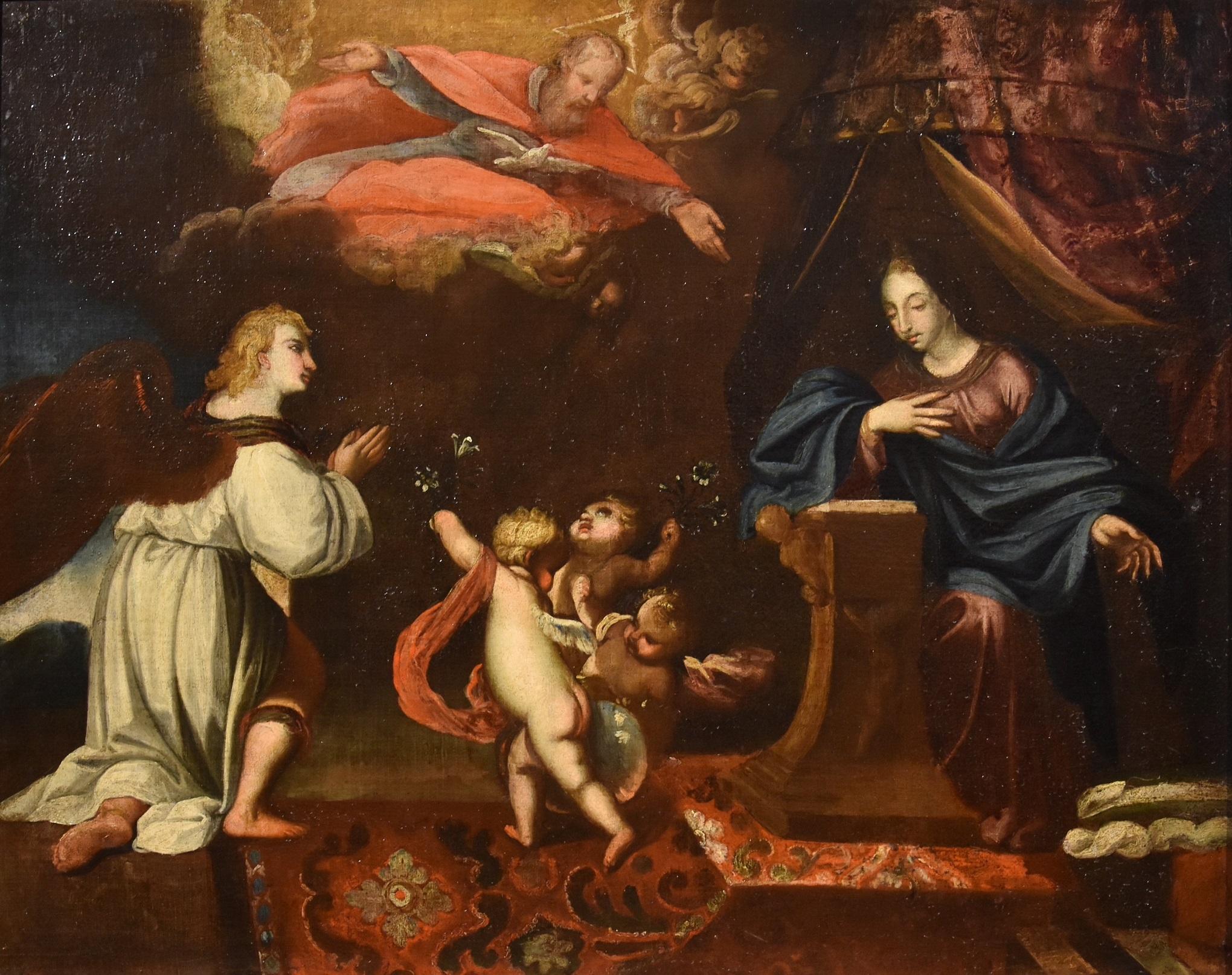 Annunciation Venetian 17th Century Paint Oil on canvas Old master Religious Art - Painting by Venetian school of the seventeenth century