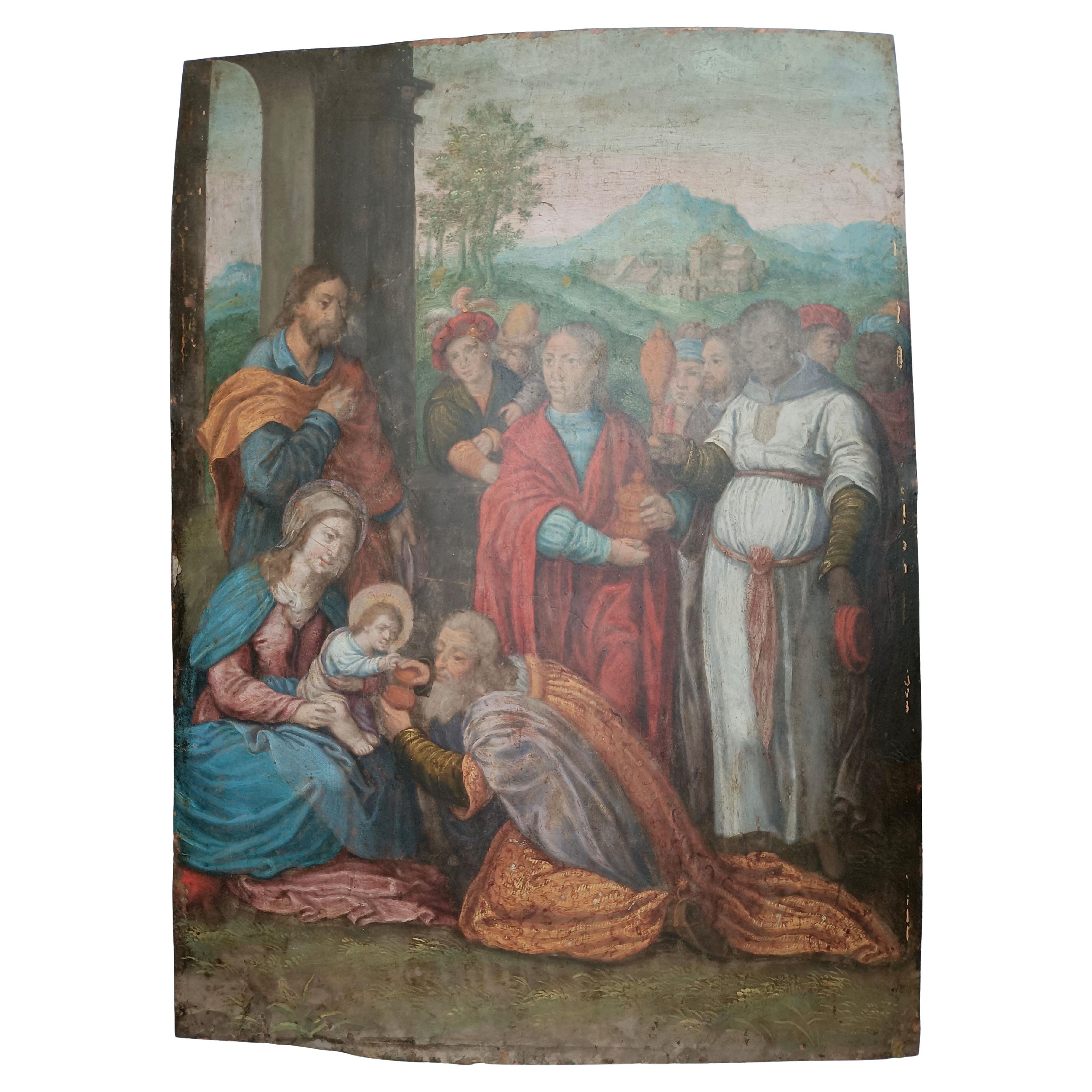 Escuela veneciana Pintura Escena bíblica óleo sobre cobre anónimo S. XVI