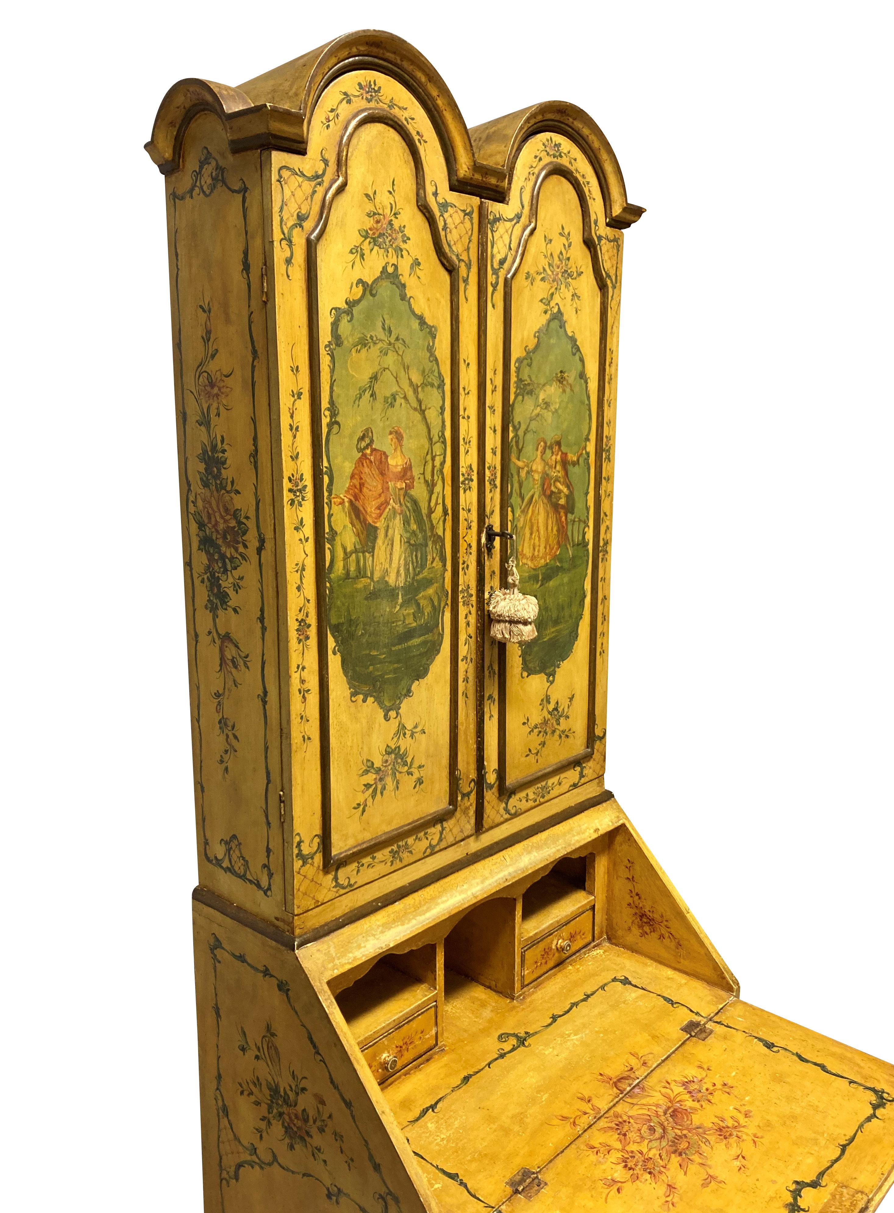 Italian Venetian Secretaire Cabinet in Hand Painted Yellow Lacquer For Sale