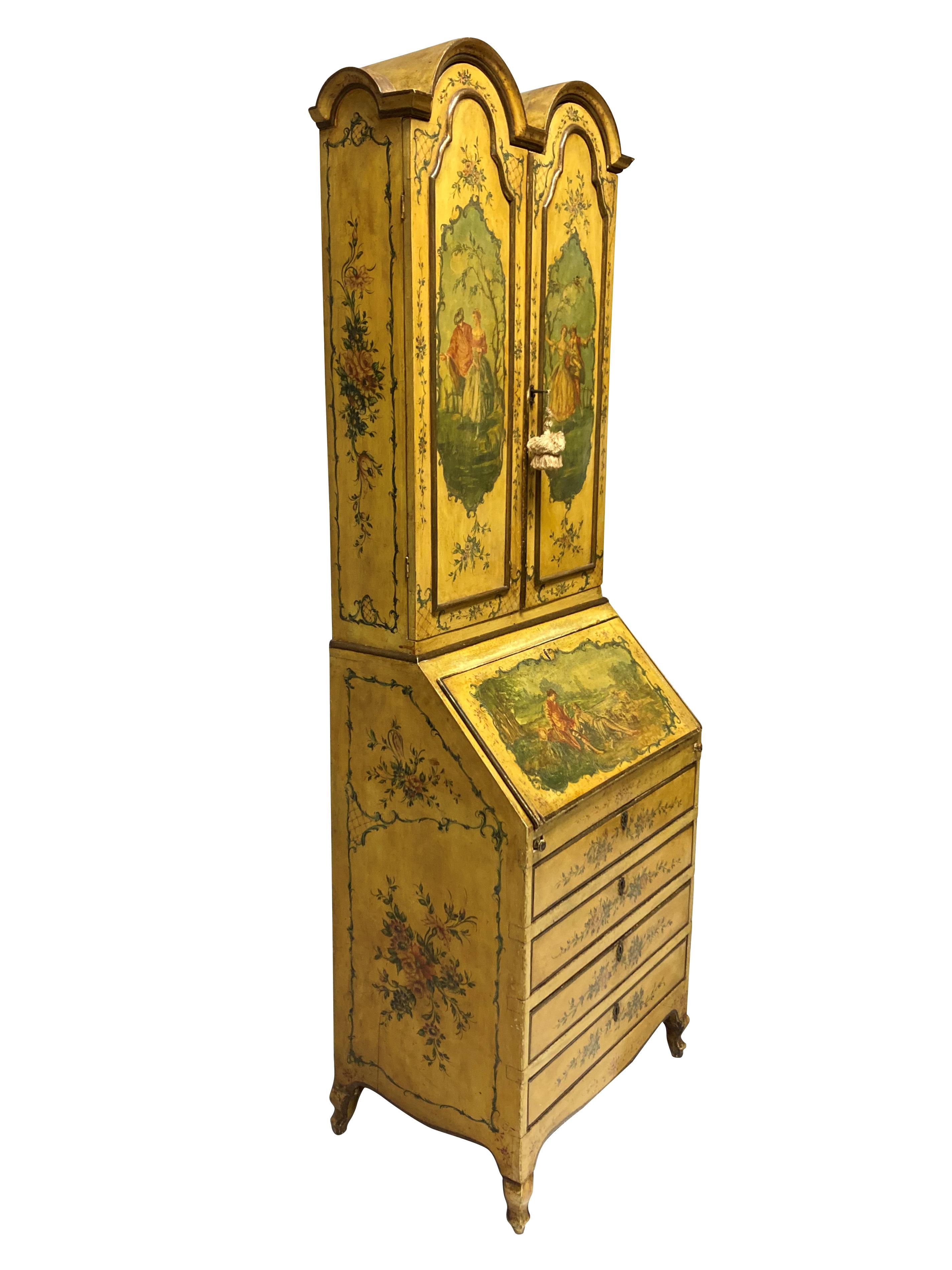 Venetian Secretaire Cabinet in Hand Painted Yellow Lacquer For Sale 1