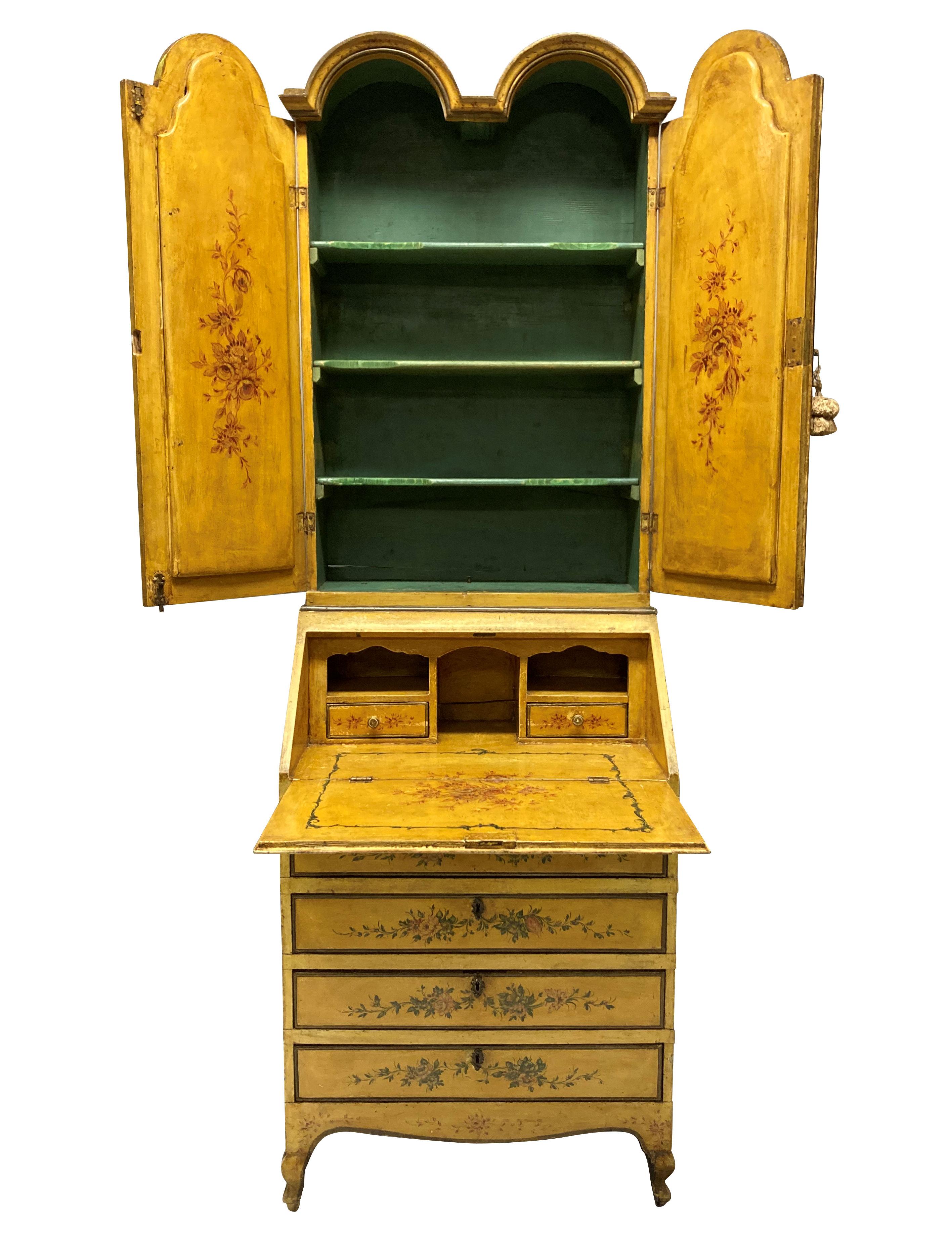 Venetian Secretaire Cabinet in Hand Painted Yellow Lacquer For Sale 2