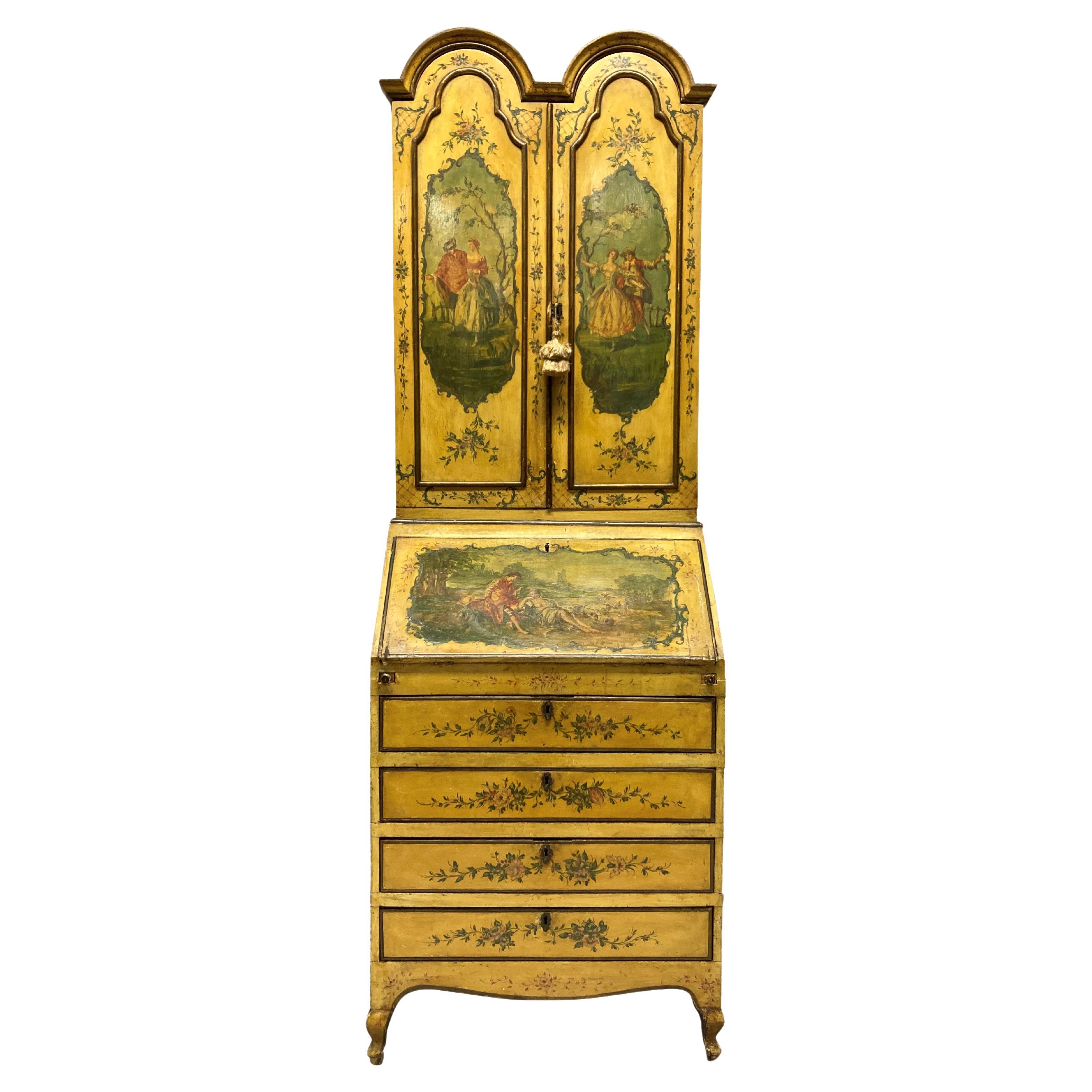 Venetian Secretaire Cabinet in Hand Painted Yellow Lacquer For Sale