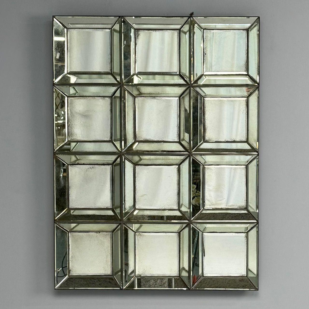 Venetian Shadowbox Wall Mirror, Distressed Beveled Glass, 21st C.

This unique antiqued wall mirror can be hung vertically or horizontally above a console table, bedside table, or atop a fireplace mantle. This striking mid-century inspired mirror