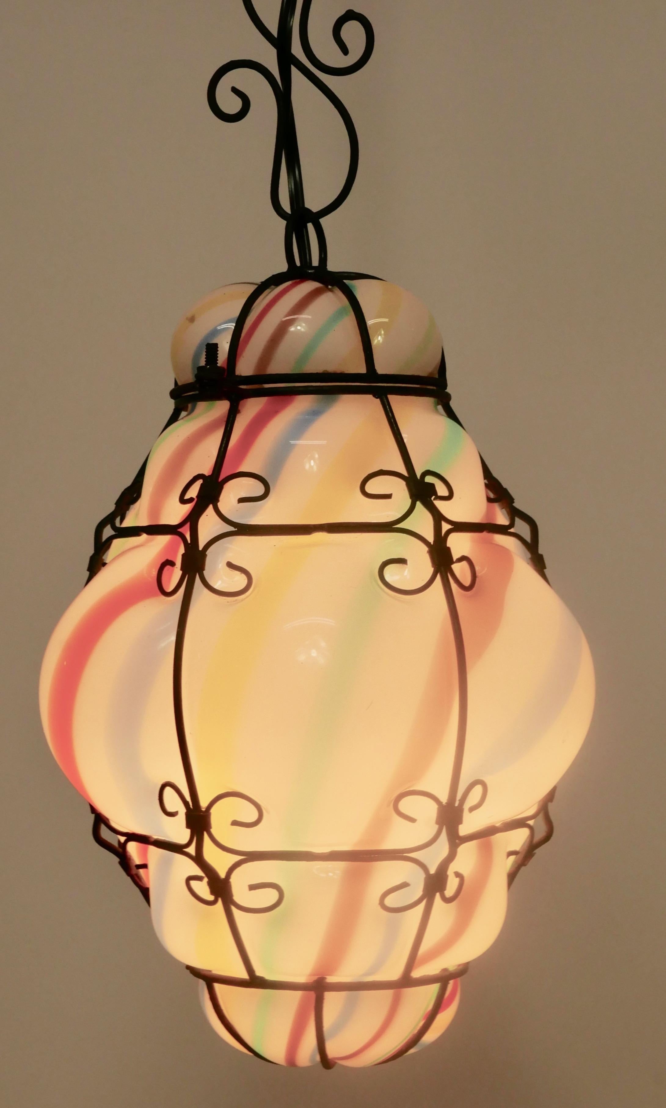 Venetian Shaped Blown Glass and Metal Hanging Pendant For Sale 4