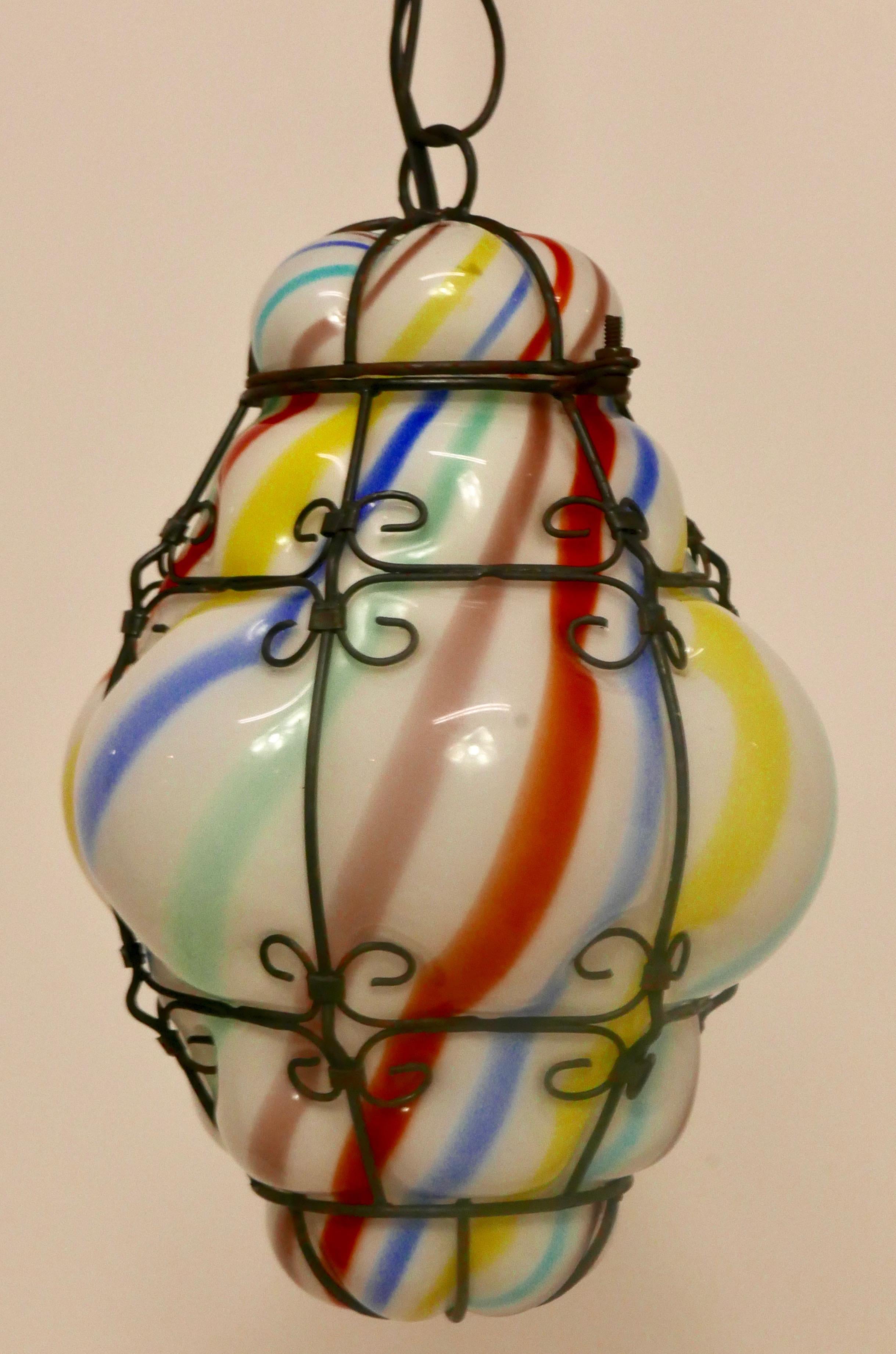Venetian Shaped Blown Glass and Metal Hanging Pendant For Sale 2