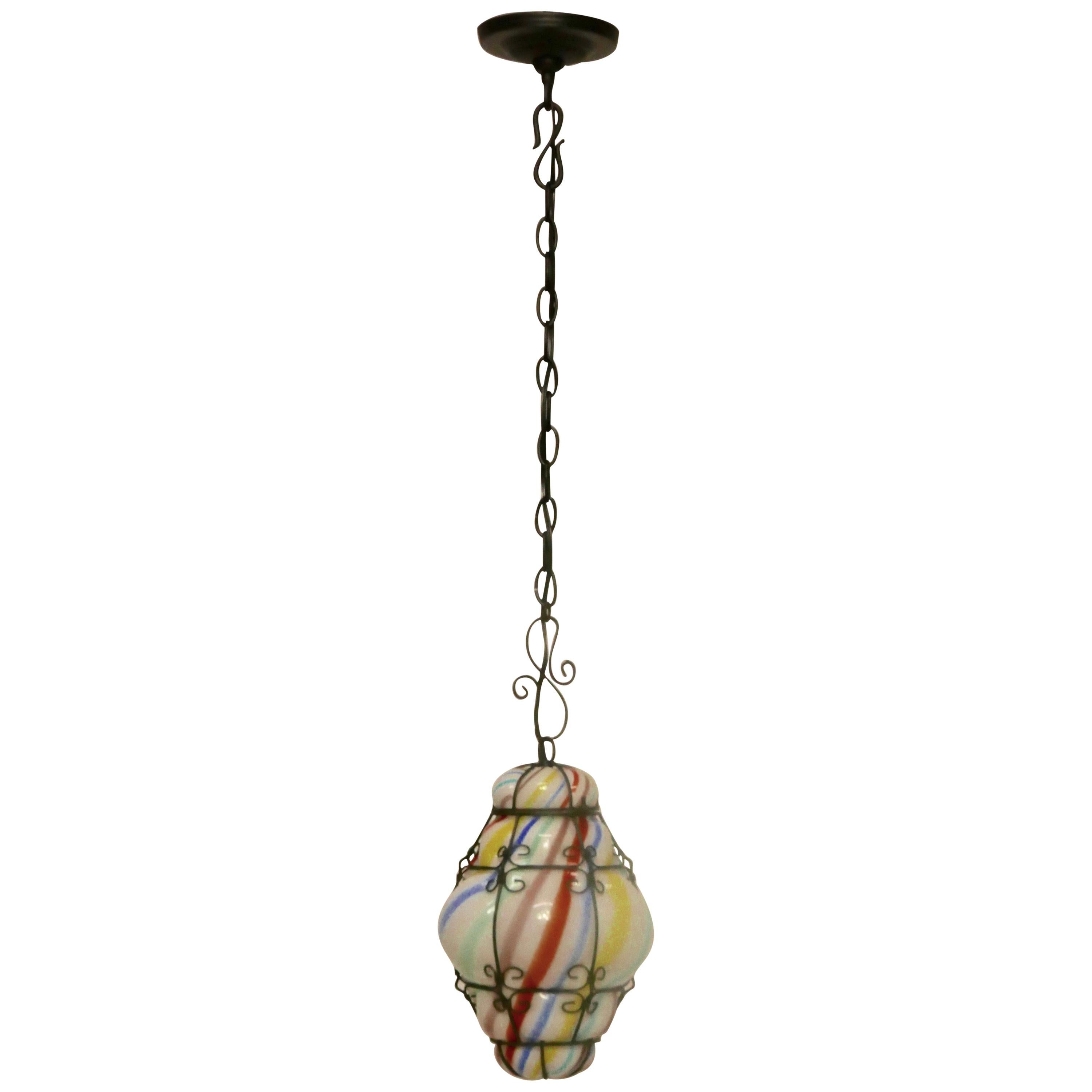 Venetian Shaped Blown Glass and Metal Hanging Pendant For Sale