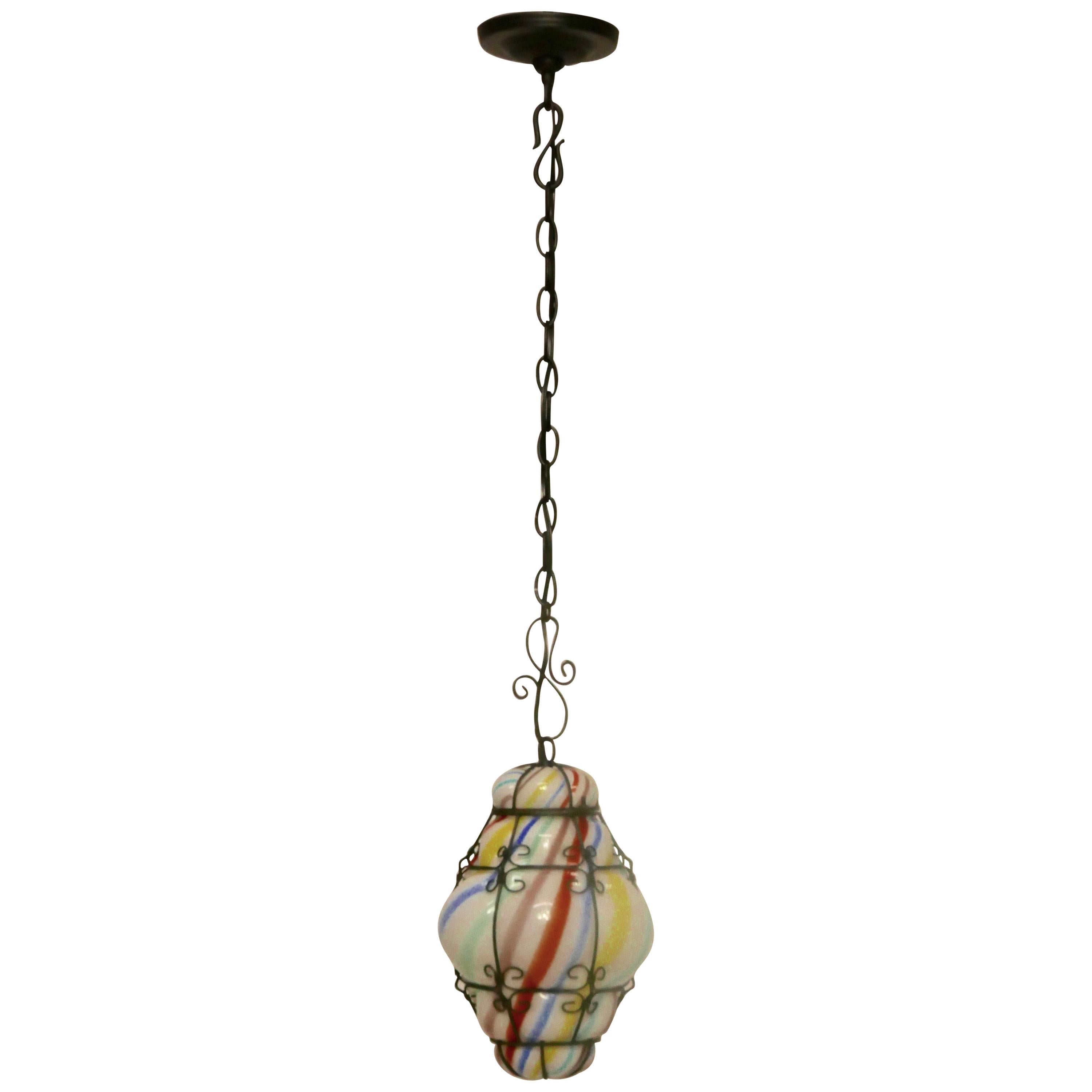 Venetian Shaped Blown Glass and Metal Hanging Pendant