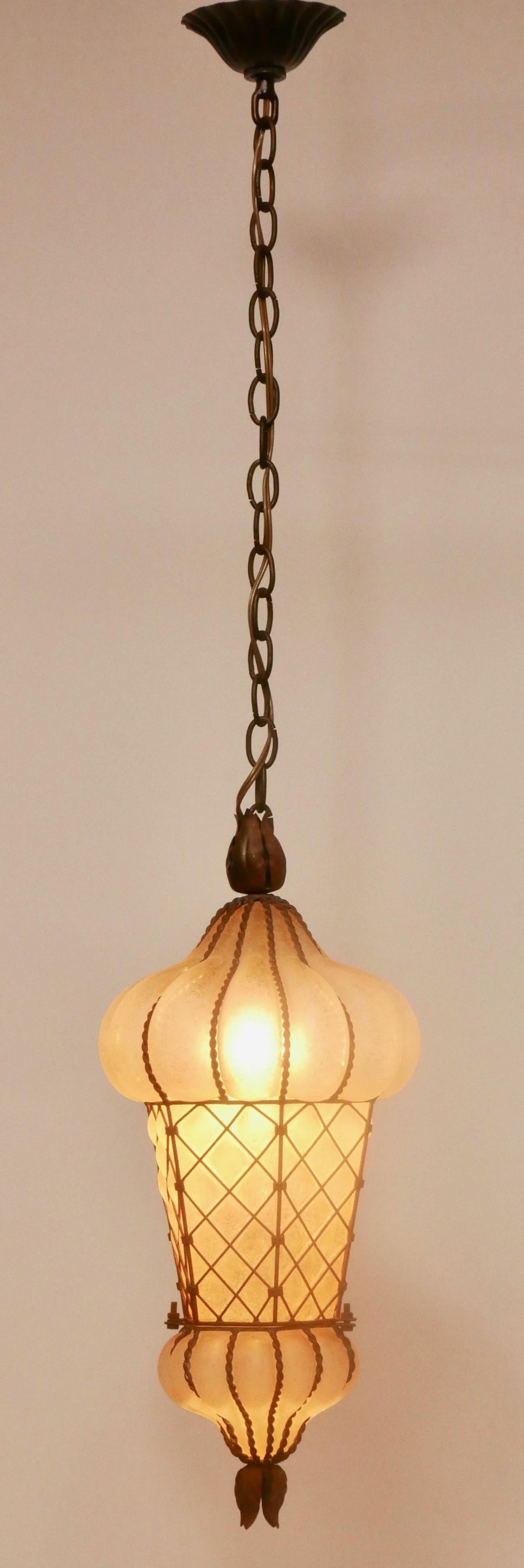 Venetian Shaped Frosted Glass and Metal Hanging Pendant In Good Condition For Sale In San Francisco, CA