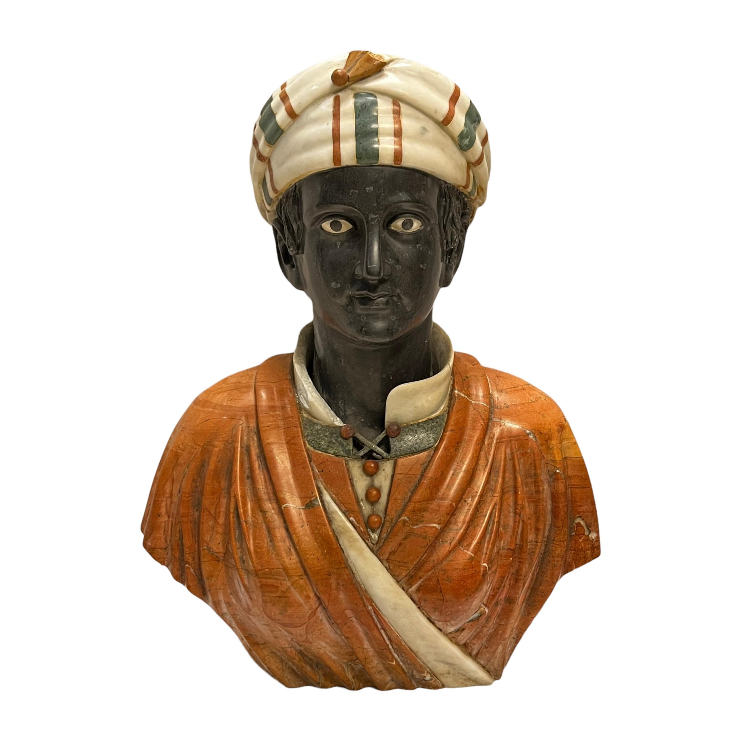 Nubian specimen marble bust dating. Apparently unsigned. In good condition, with scratches and some small chip losses including loss to the feather on the front of the turban.