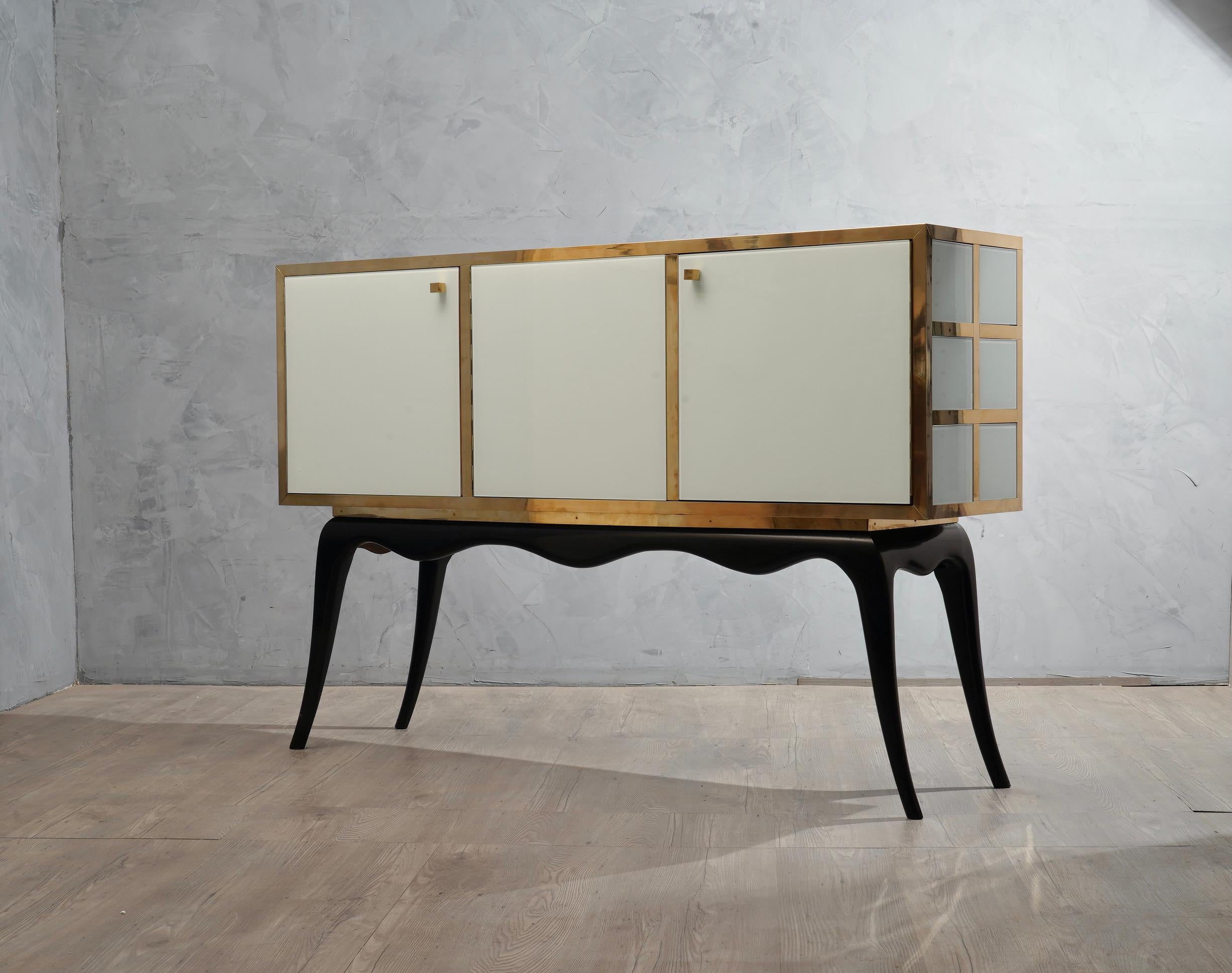 Mid-Century Modern Venetian Squared White Glass and Brass Italian Mid-Century Sideboard, 1950