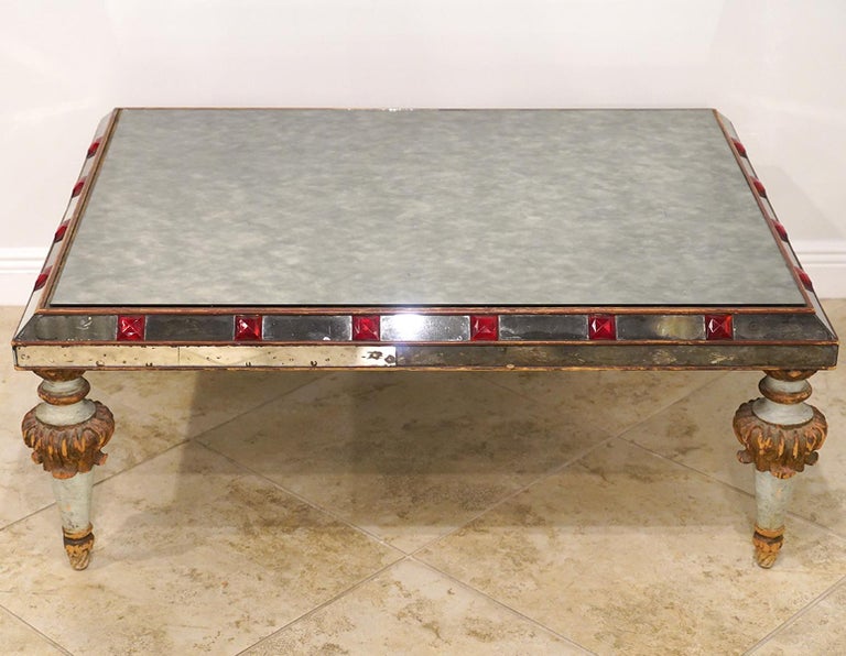 Style Antique Mirrored Coffee Table on Palm Frond Carved Legs