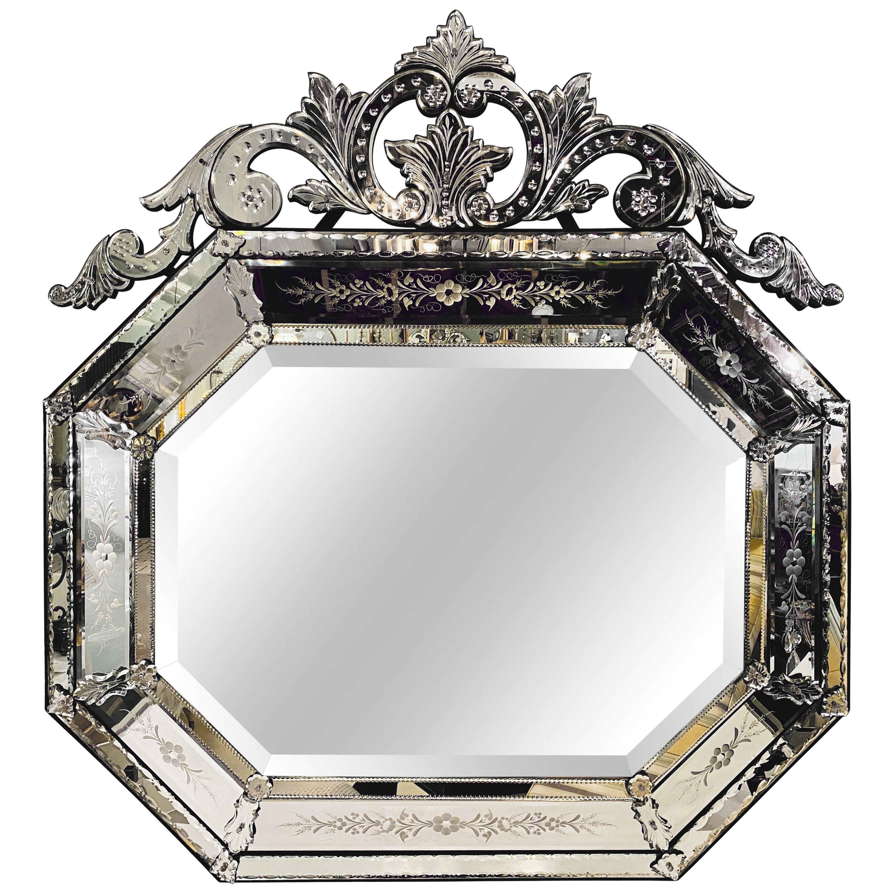 Venetian Style Beveled Wall Mirror with Floral Etched Glass over the Mantle