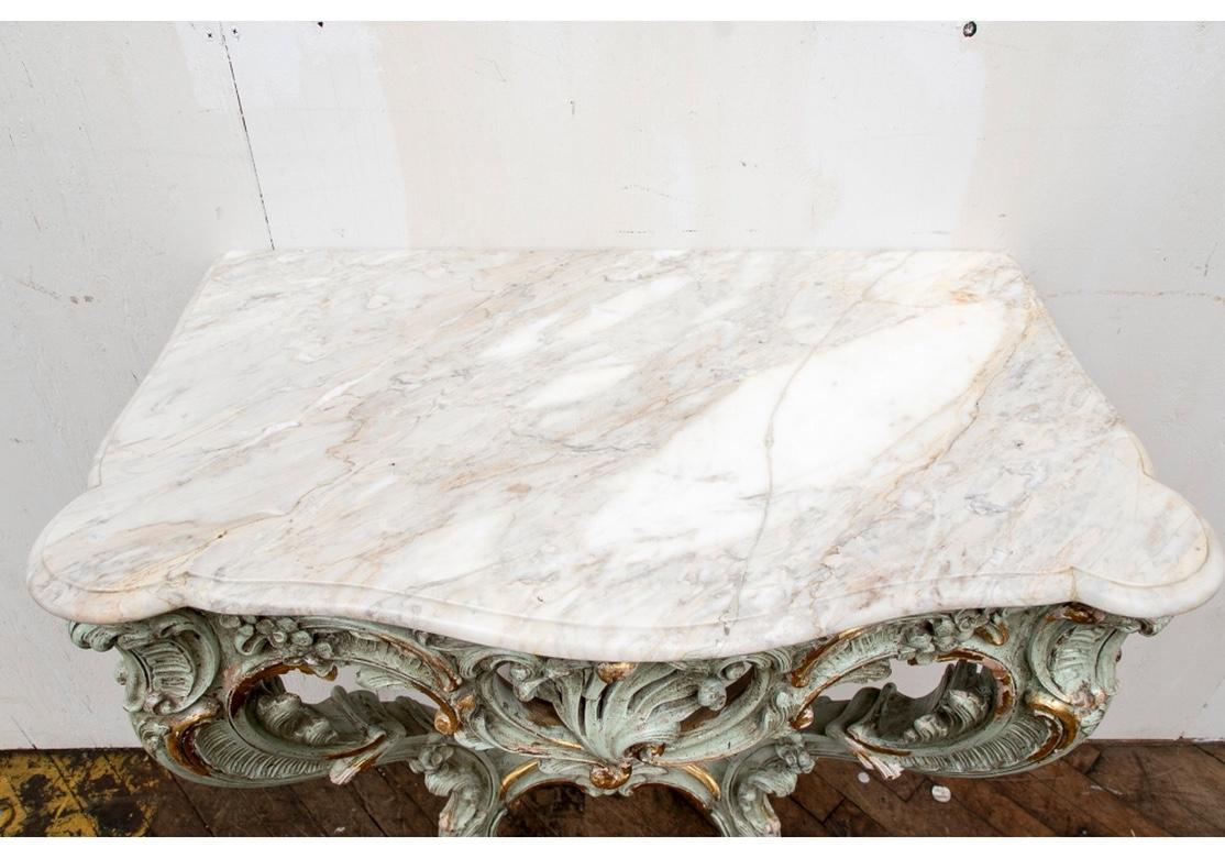 Baroque Venetian Style Carved and Paint Decorated Marble Top Wall Mounted Console