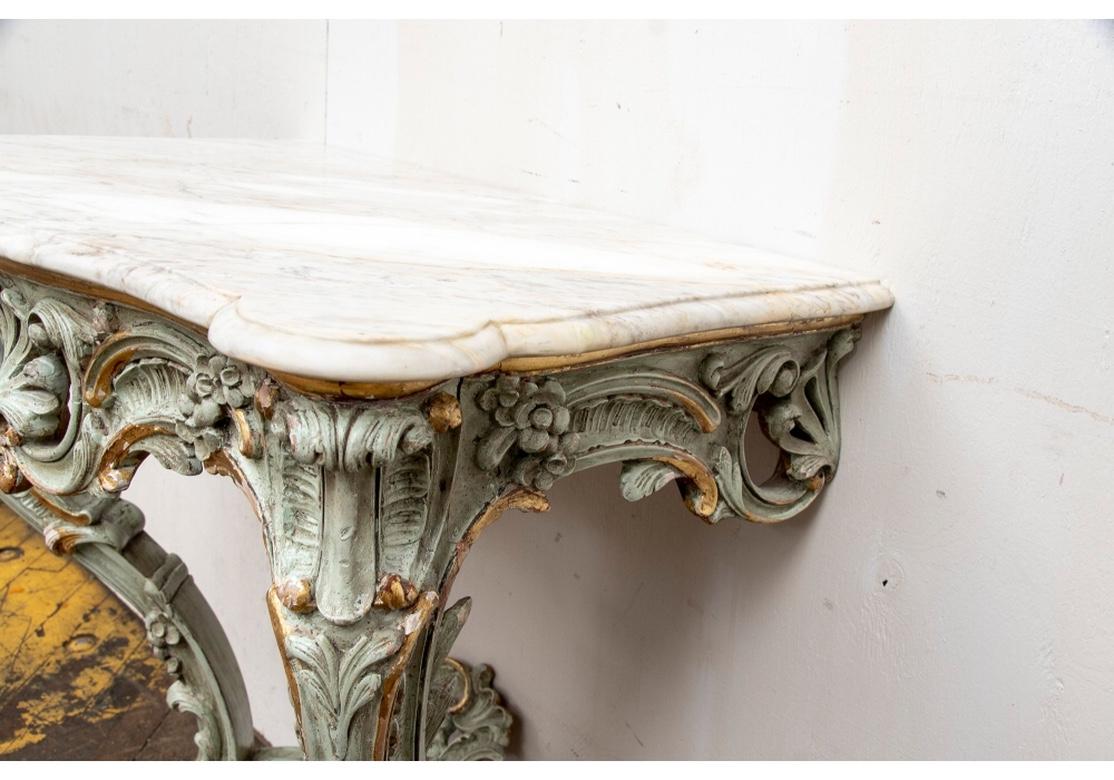 Venetian Style Carved and Paint Decorated Marble Top Wall Mounted Console In Good Condition In Bridgeport, CT