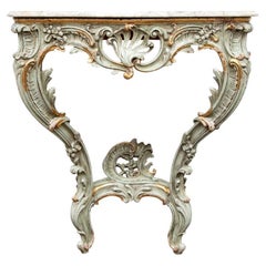 Venetian Style Carved and Paint Decorated Marble Top Wall Mounted Console
