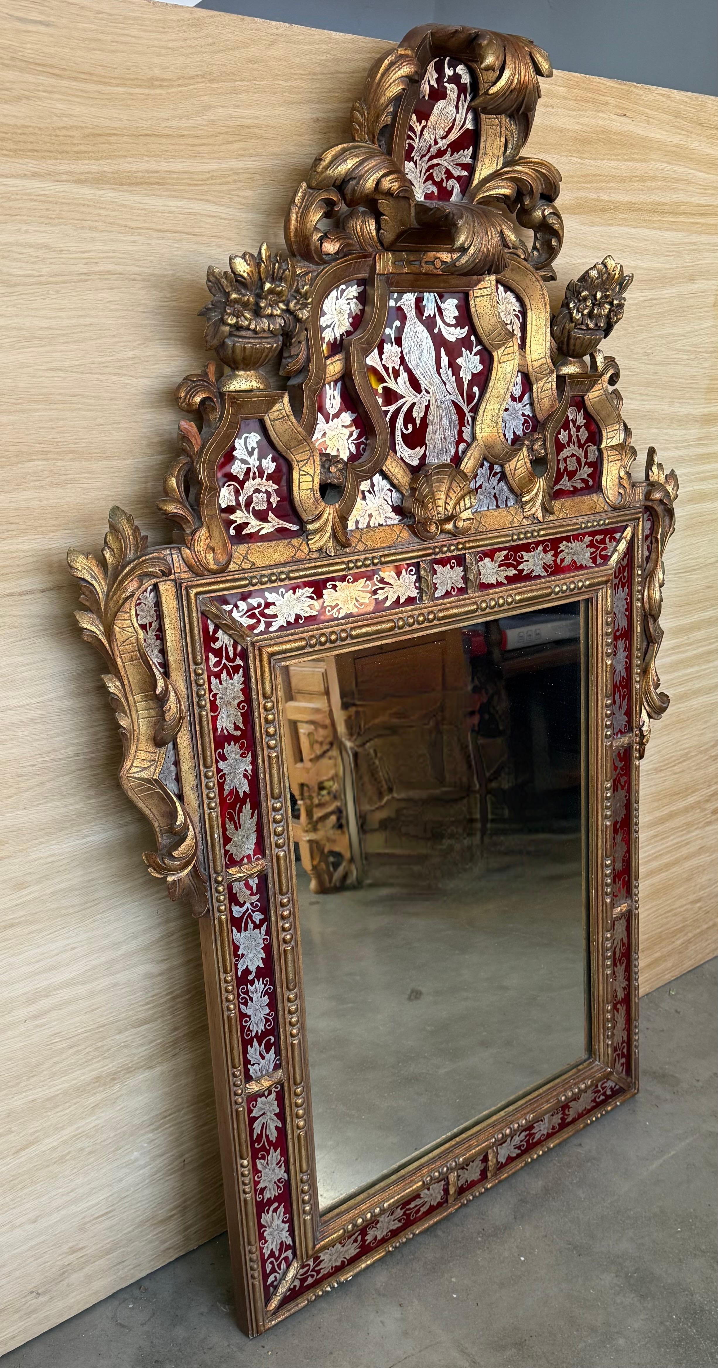 Rococò Venetian Style Carved Wood Gilted Mirror with Red Glass Border in vendita