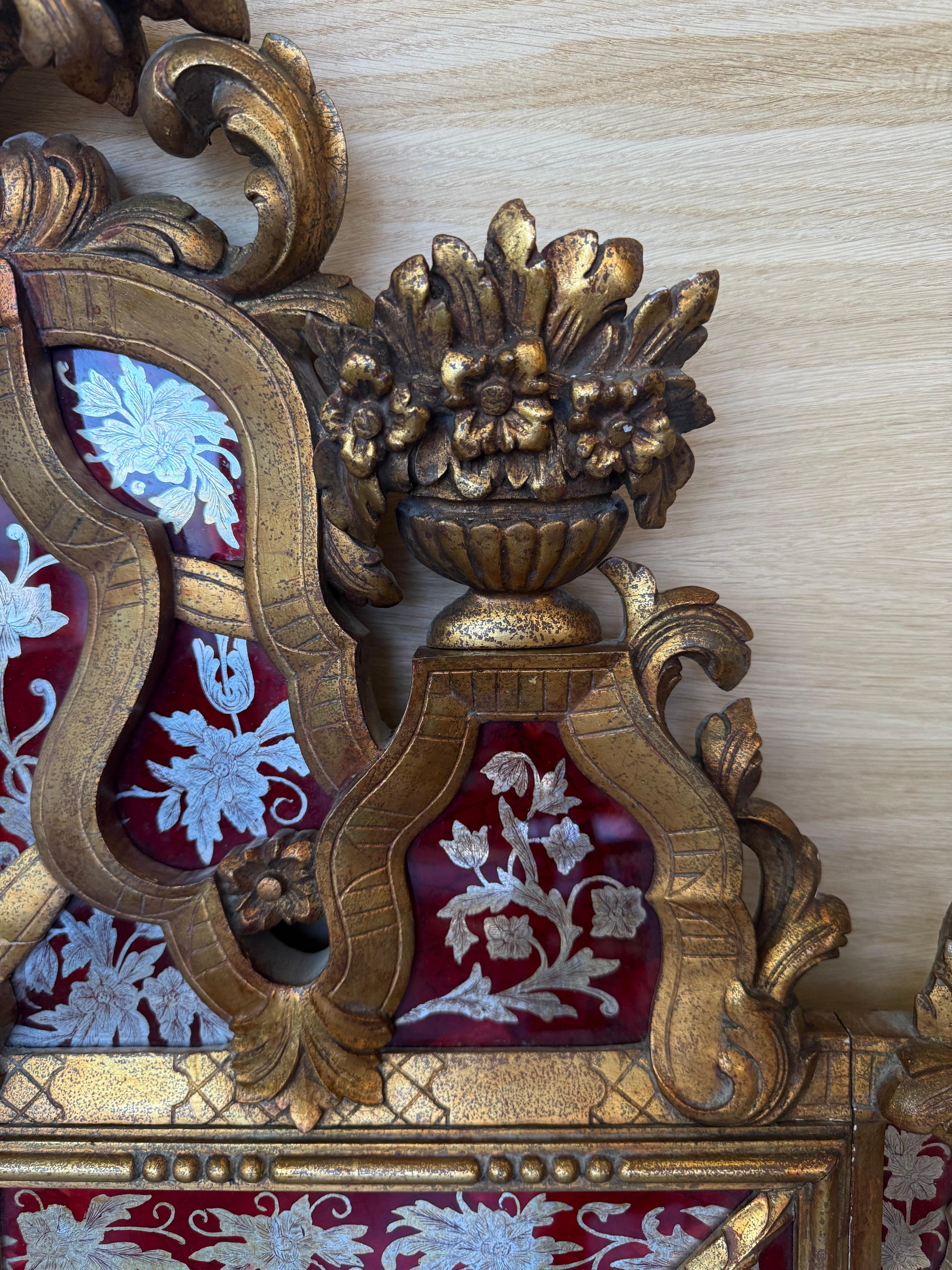 Vetro artistico Venetian Style Carved Wood Gilted Mirror with Red Glass Border in vendita