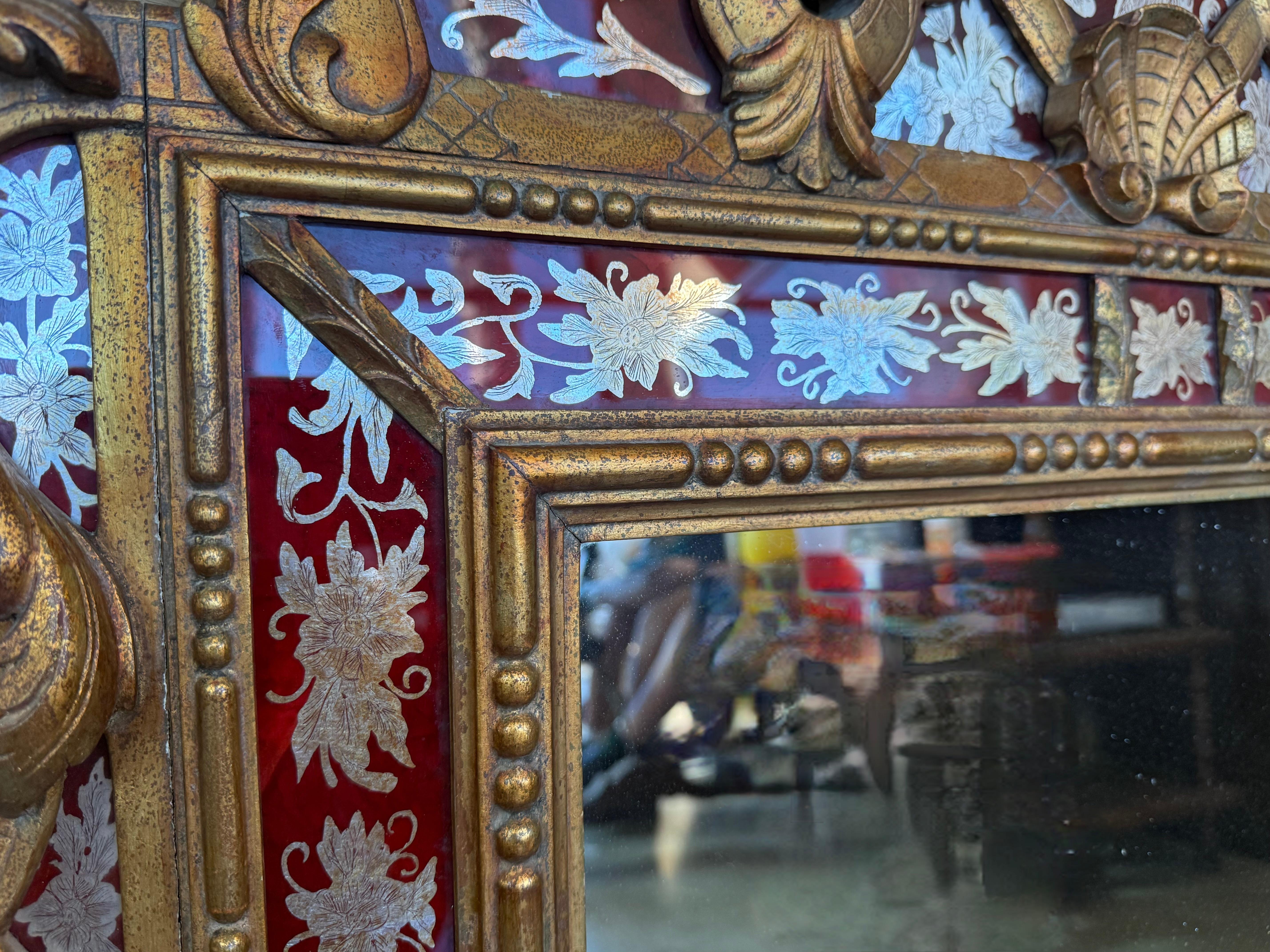 Venetian Style Carved Wood Gilted Mirror with Red Glass Border in vendita 1
