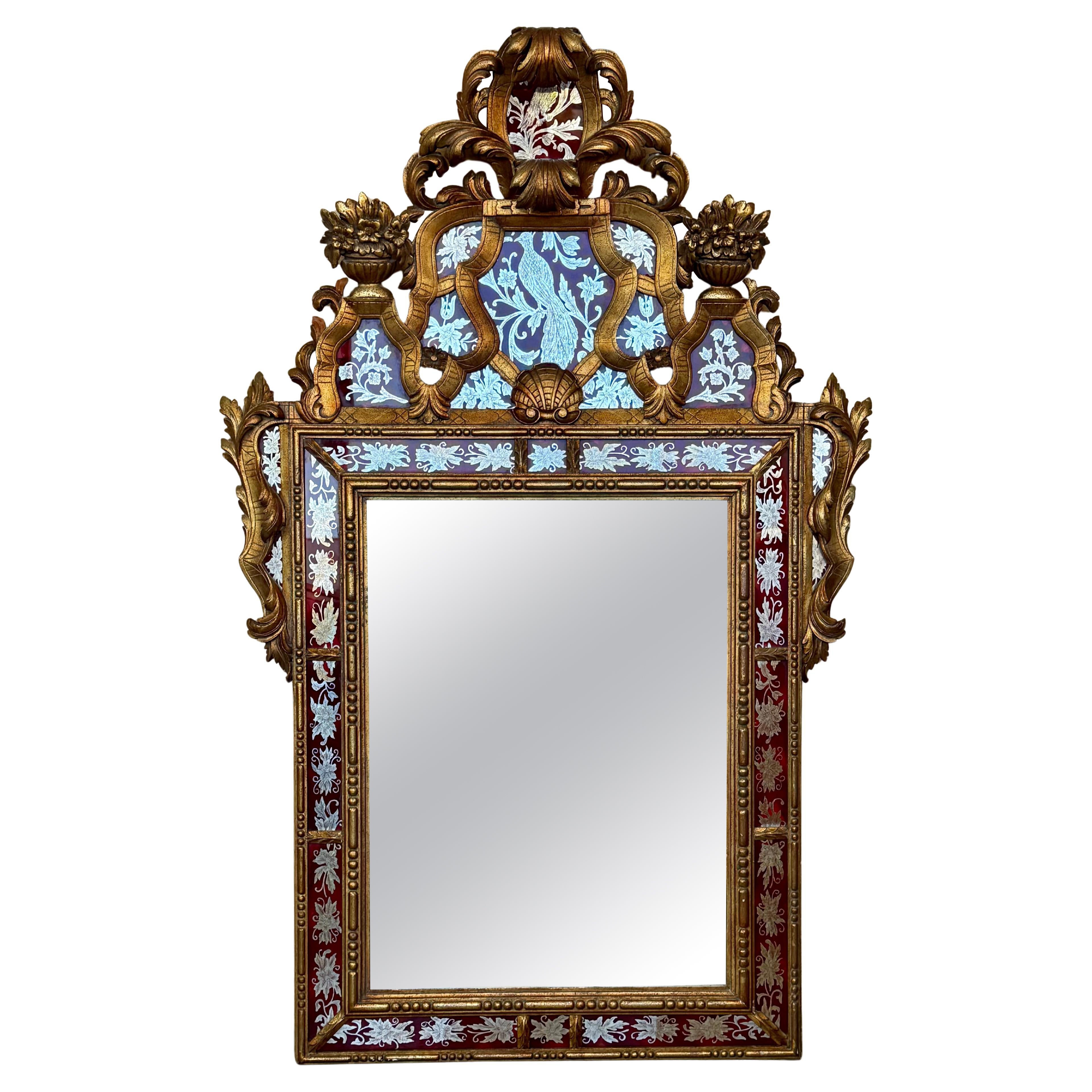 Venetian Style Carved Wood Gilted Mirror with Red Glass Border