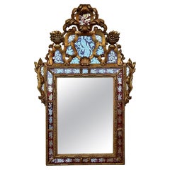 Venetian Style Carved Wood Gilted Mirror with Red Glass Border