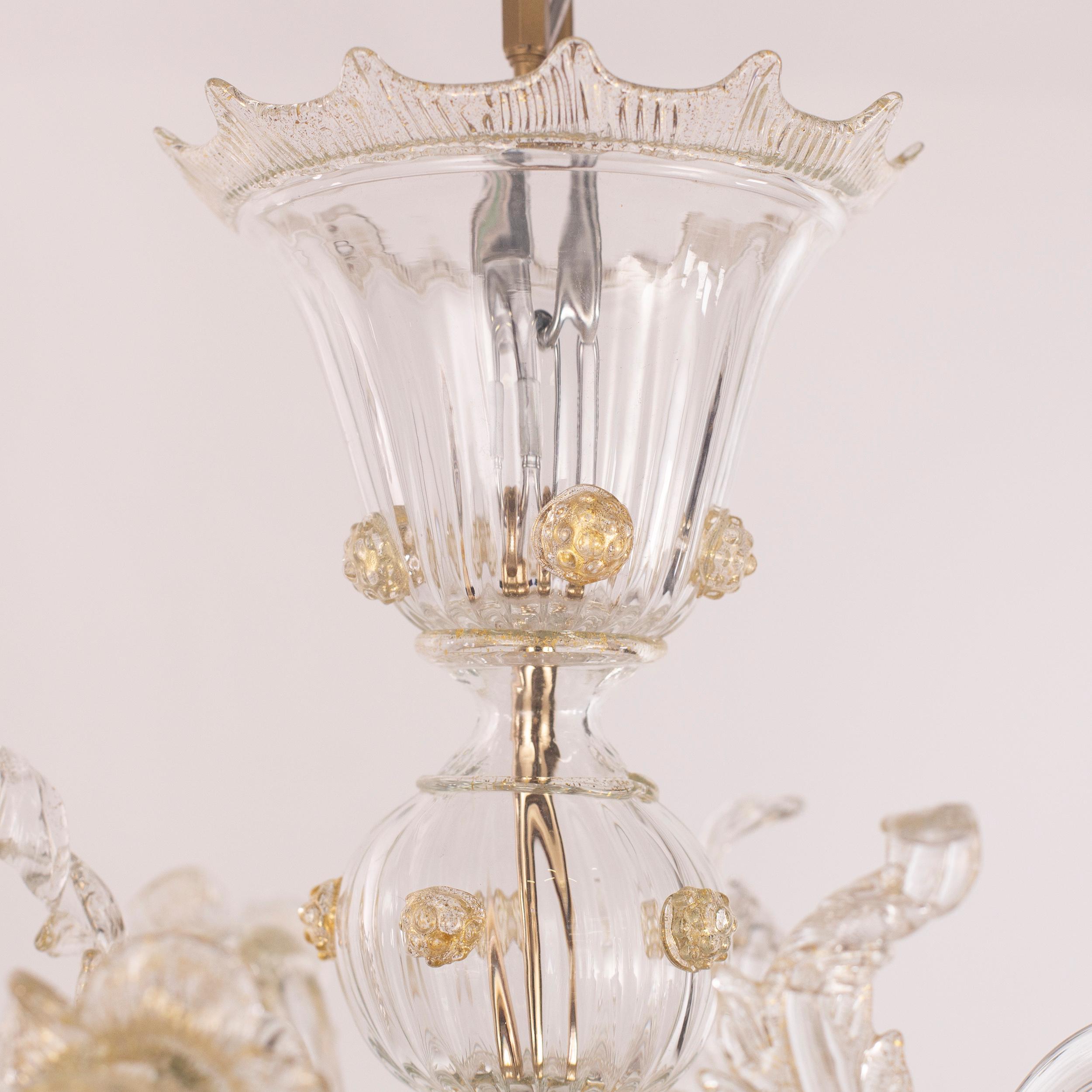 Venetian style Chandelier Clear and gold Murano Glass by Multiforme in Stock For Sale 3