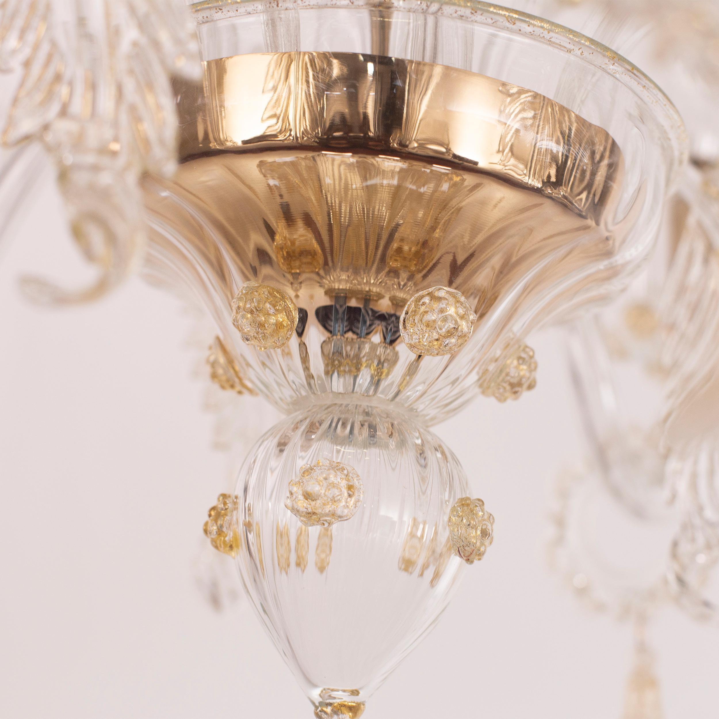 Contemporary Venetian style Chandelier Clear and gold Murano Glass by Multiforme in Stock For Sale