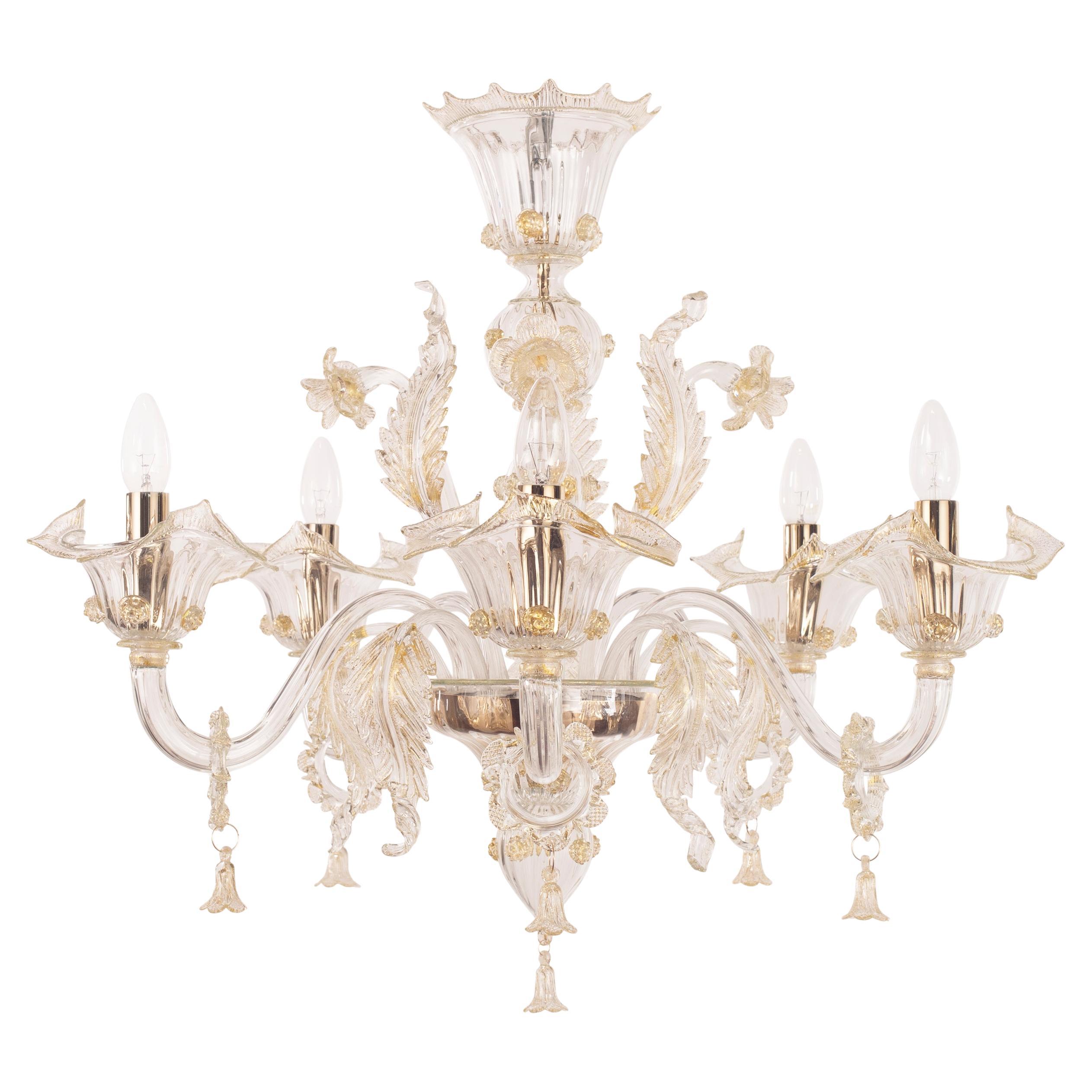 Venetian style Chandelier Clear and gold Murano Glass by Multiforme in Stock For Sale
