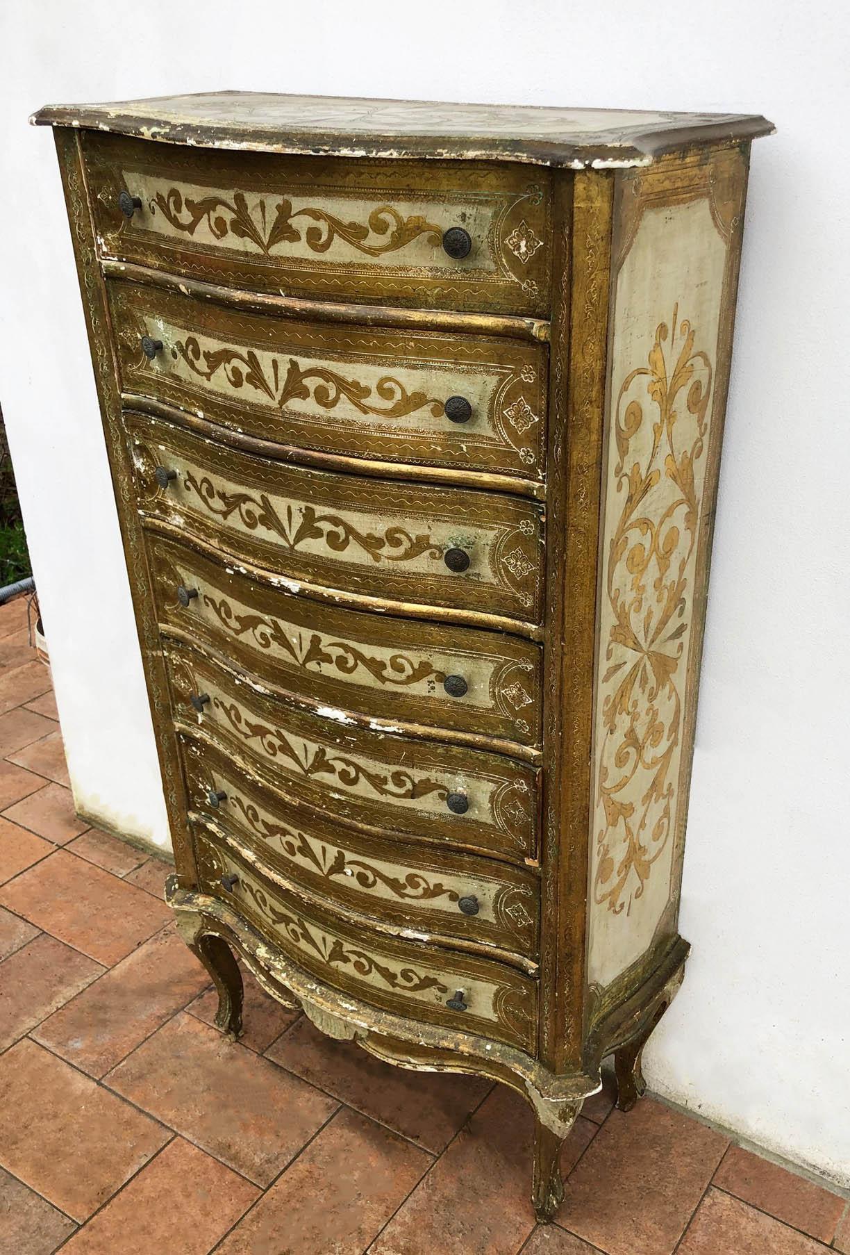 Mid-Century Modern Venetian Style Chest of Seven Drawers from 1960, Original Worn Painting For Sale