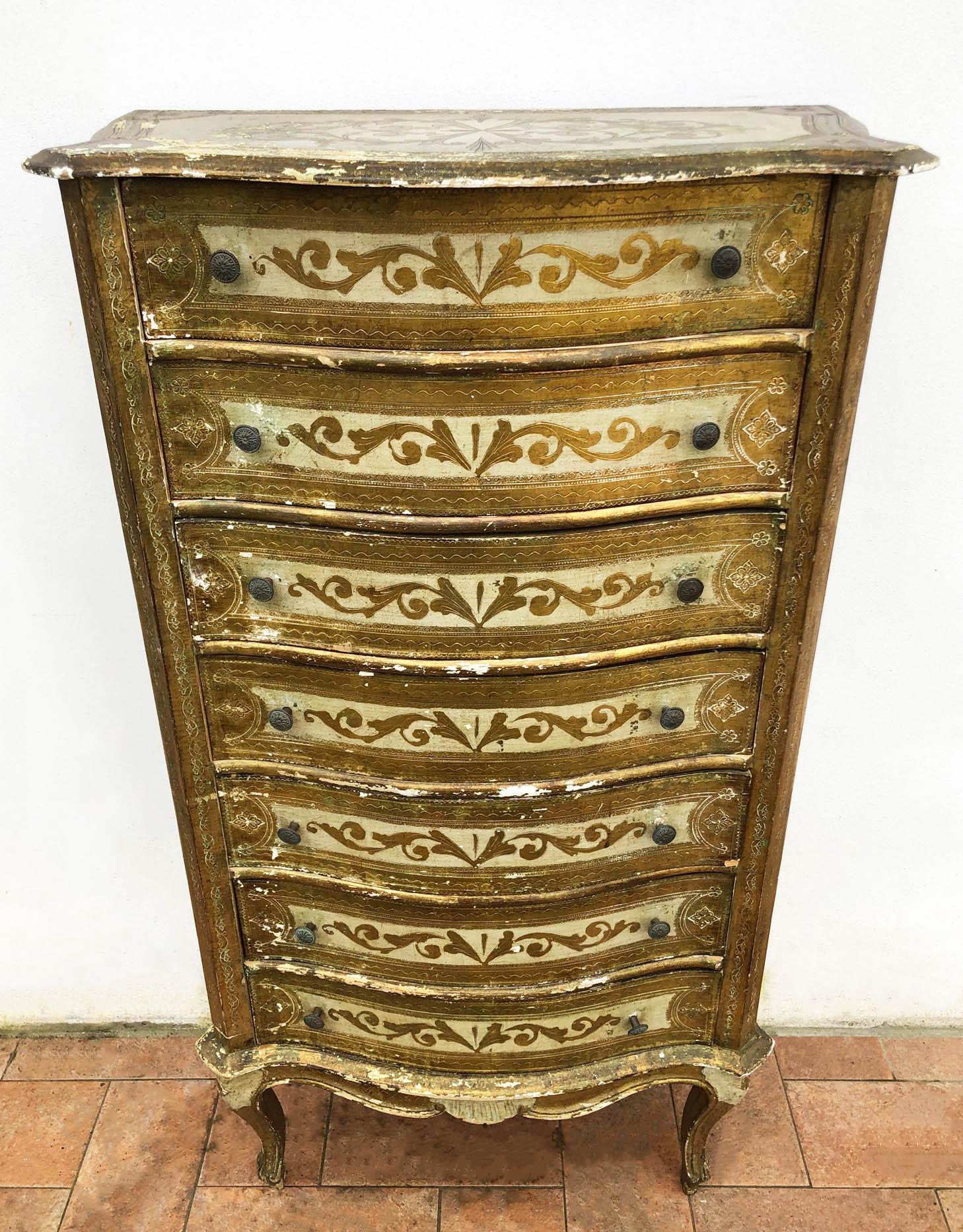 Italian Venetian Style Chest of Seven Drawers from 1960, Original Worn Painting For Sale