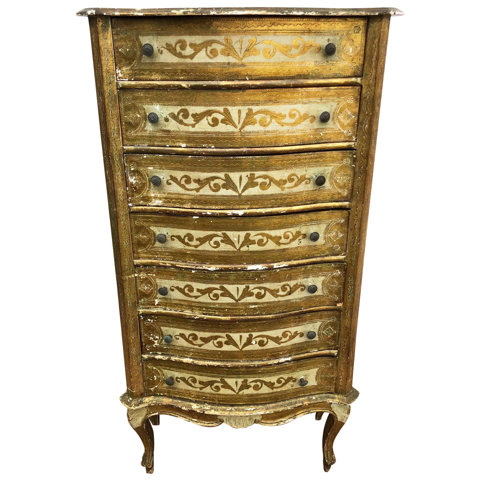 Venetian Style Chest of Seven Drawers from 1960, Original Worn Painting