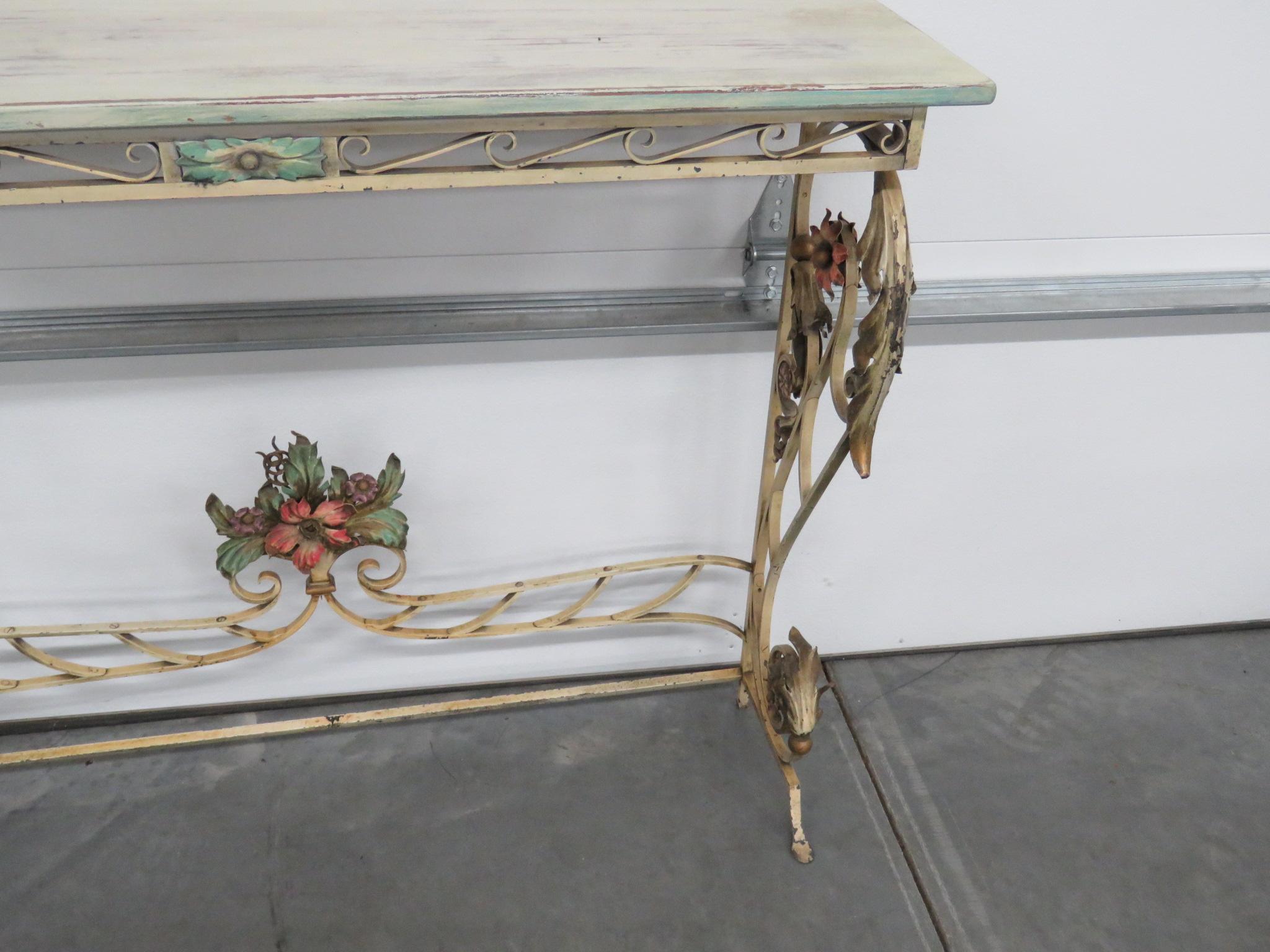 Paint Decorated Wrought Iron Italian Venetian Style Console and Mirror In Good Condition In Swedesboro, NJ