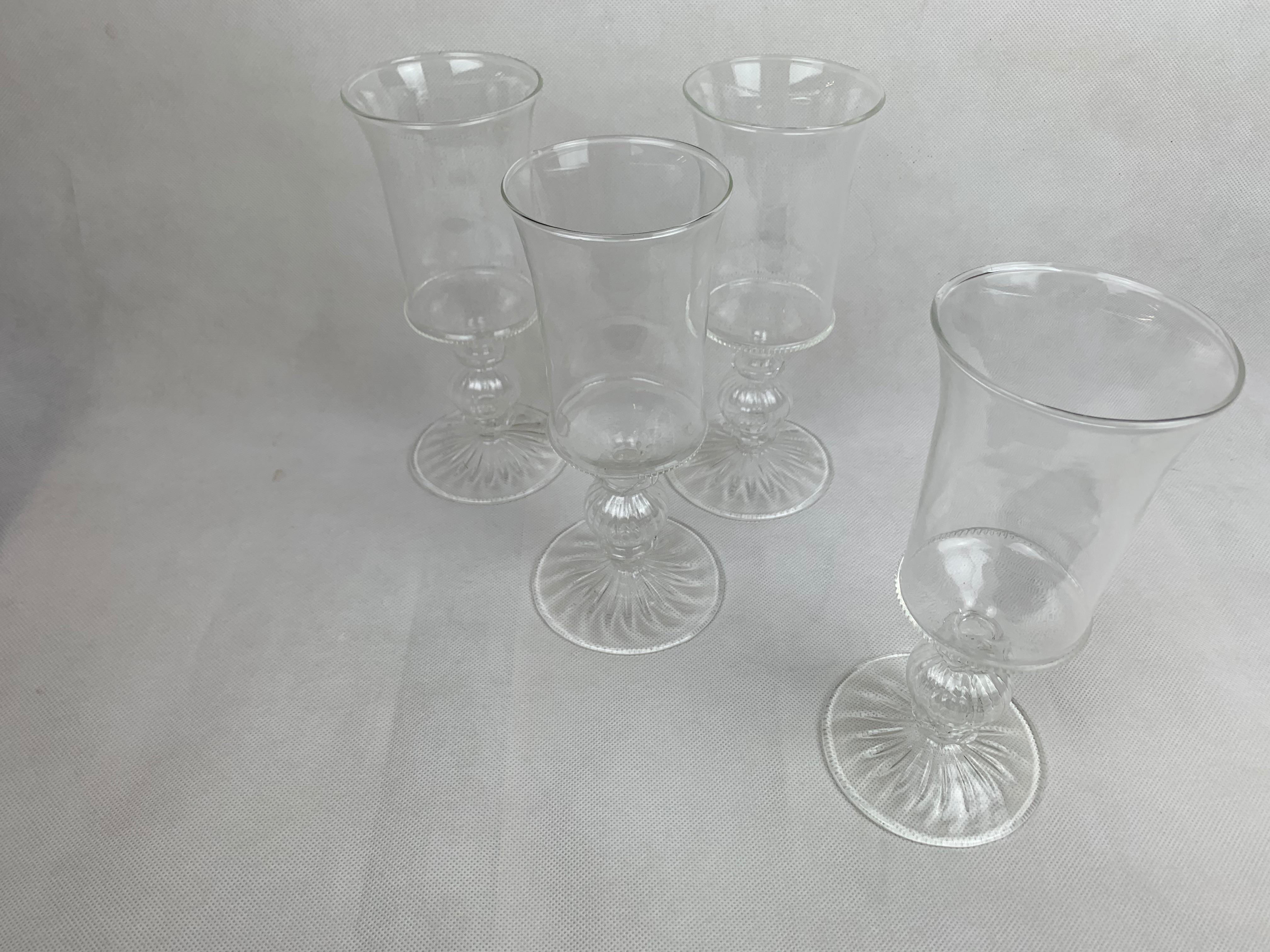 Late 20th Century Set of Four Venetian Style Clear Blown Wine Glasses