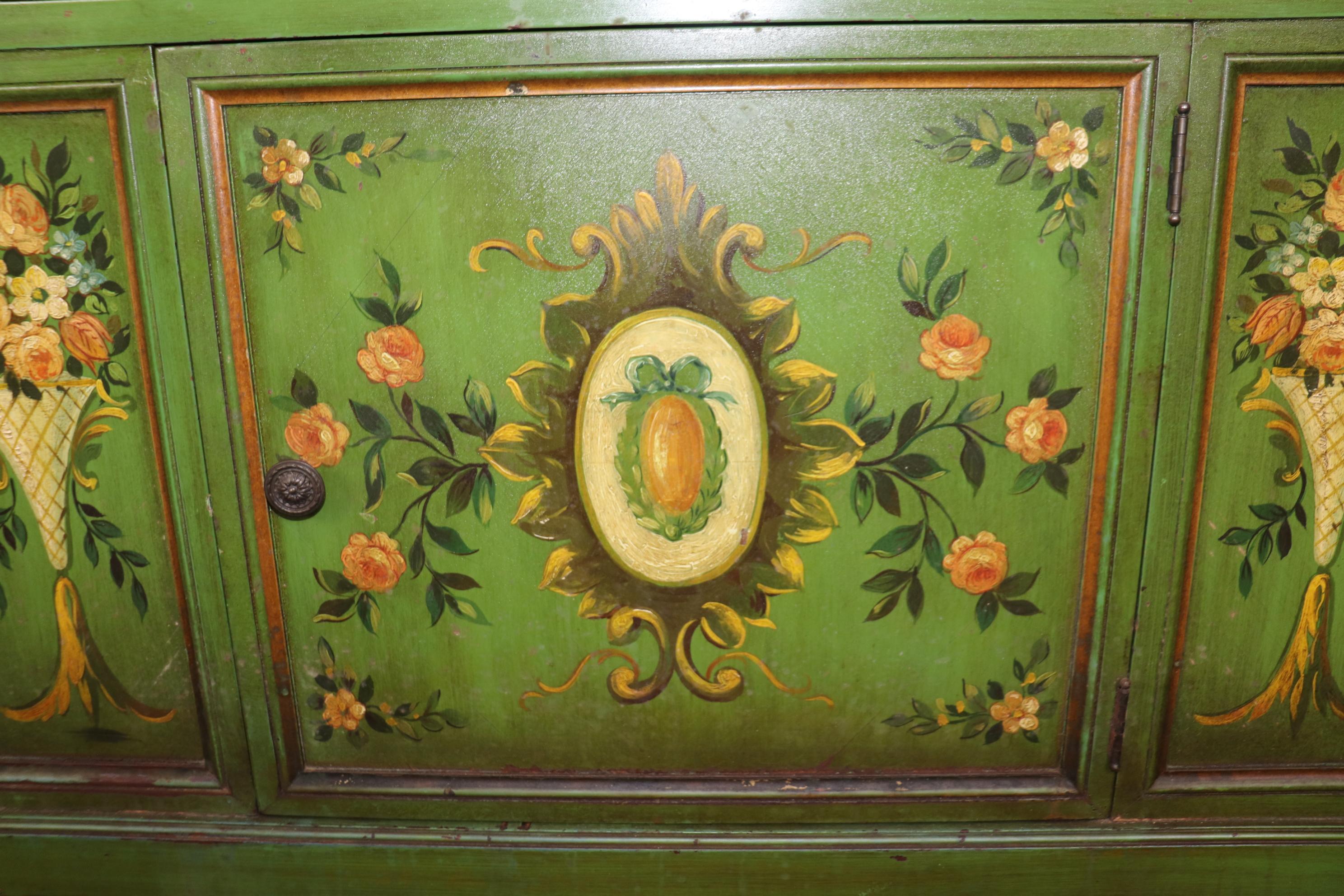 Venetian Style Green Floral Paint Decorated Commode For Sale 4
