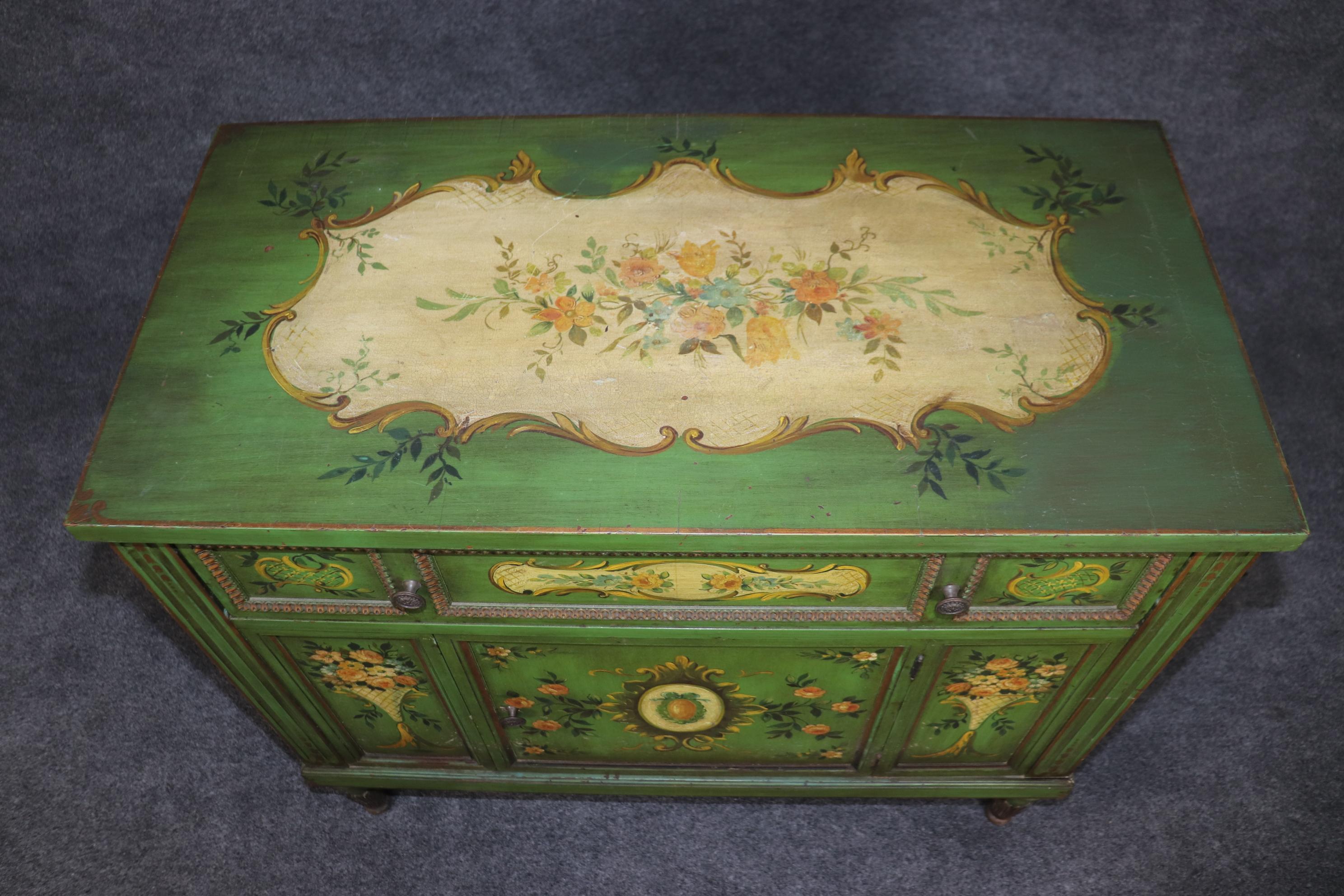 20th Century Venetian Style Green Floral Paint Decorated Commode For Sale