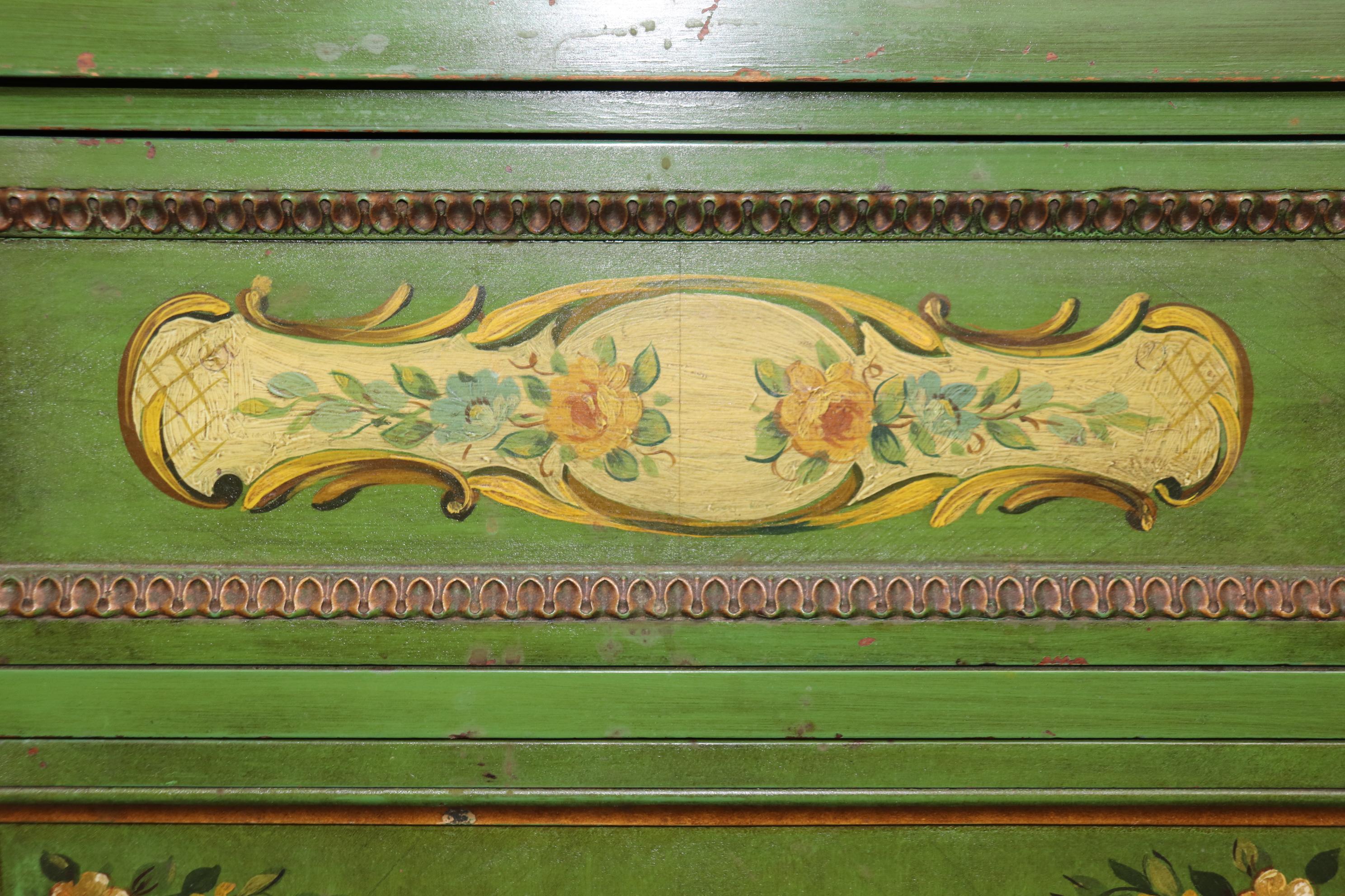Venetian Style Green Floral Paint Decorated Commode For Sale 1