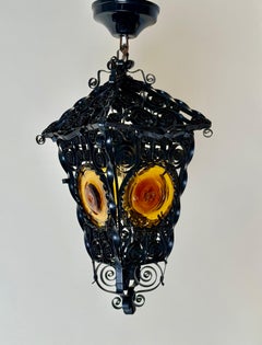 Lampe-lanterne artisanale de style vénitien avec panneaux de verre ambré