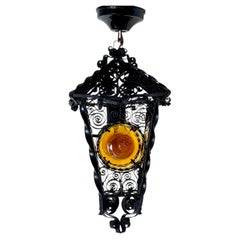 Lampe-lanterne artisanale de style vénitien avec panneaux de verre ambré