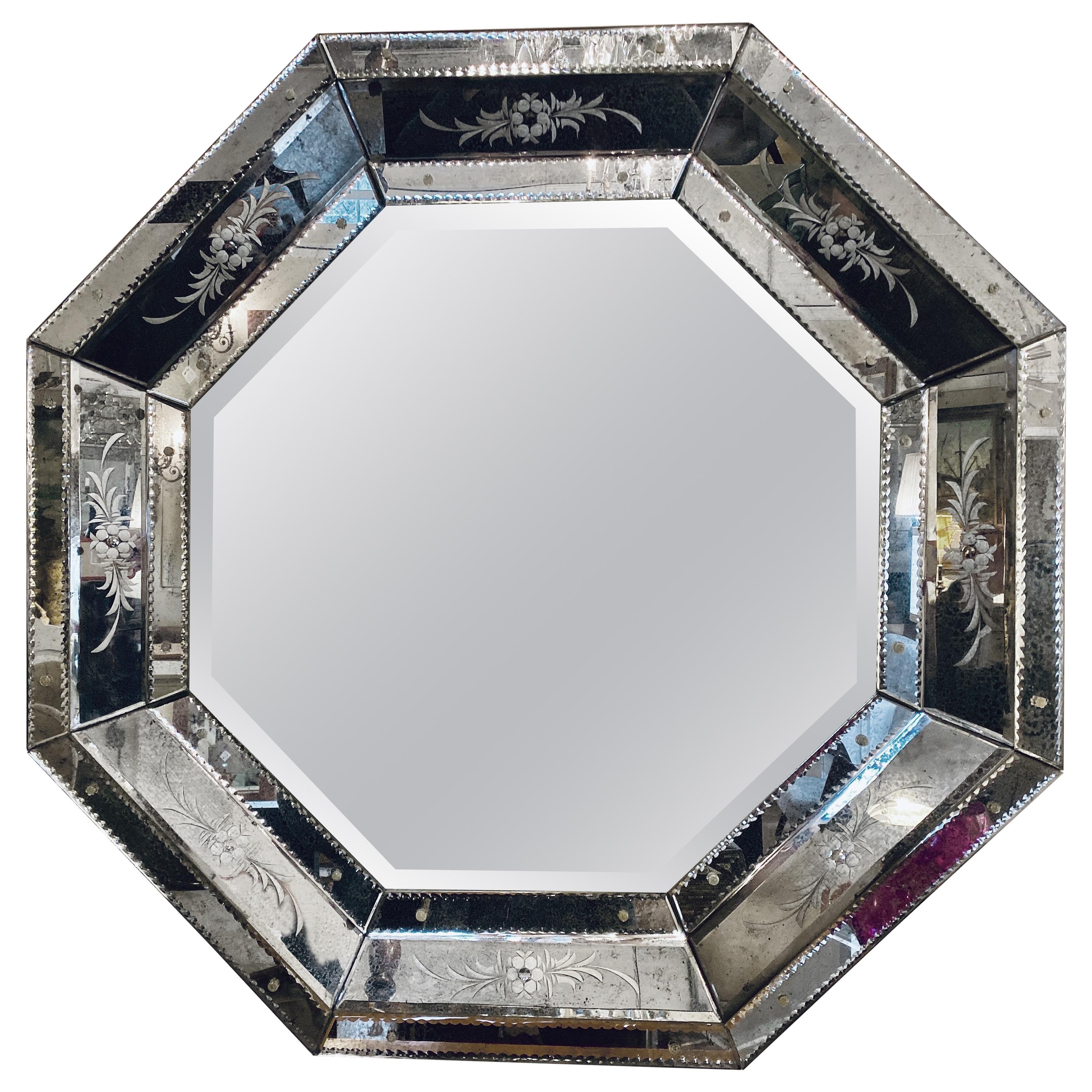 Venetian Style Hollywood Regency Octagon Mirror Etched Glass Beveled Antiqued