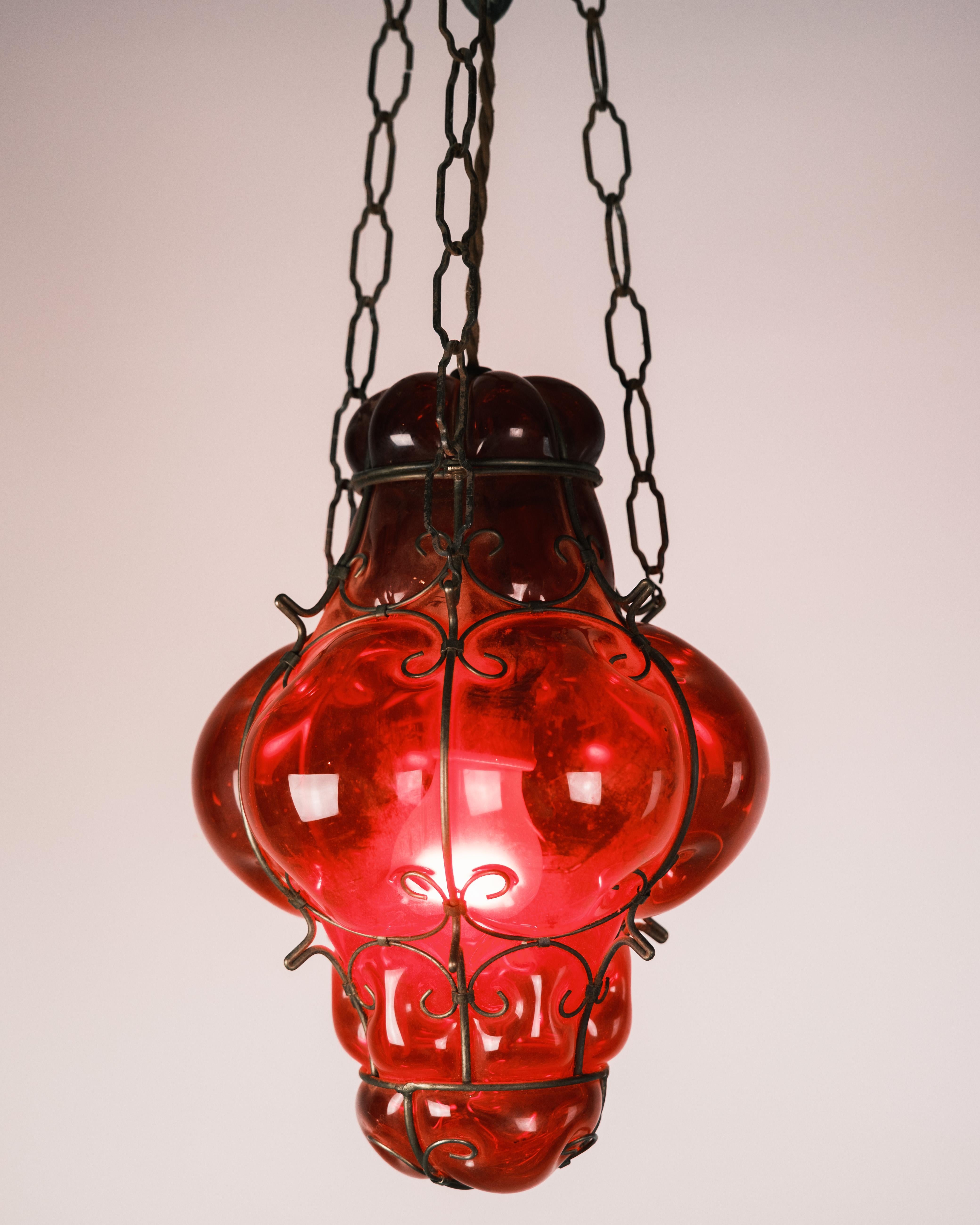 Venetian Style Lantern/Grid Pendant Made In Ruby Red Glass From 1950s In Good Condition For Sale In Lejre, DK