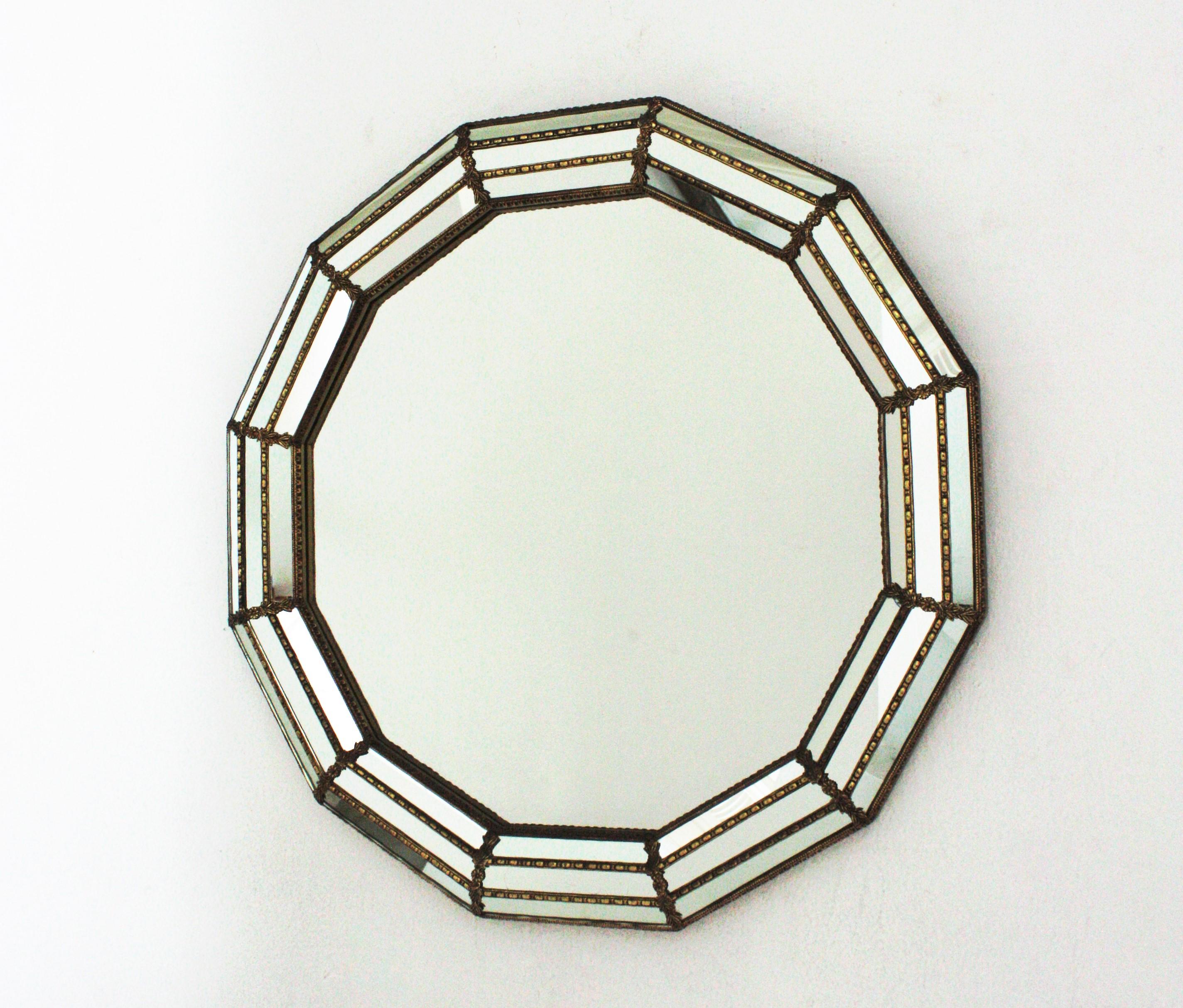 Metal Venetian Modern Round Mirror with Brass Details For Sale