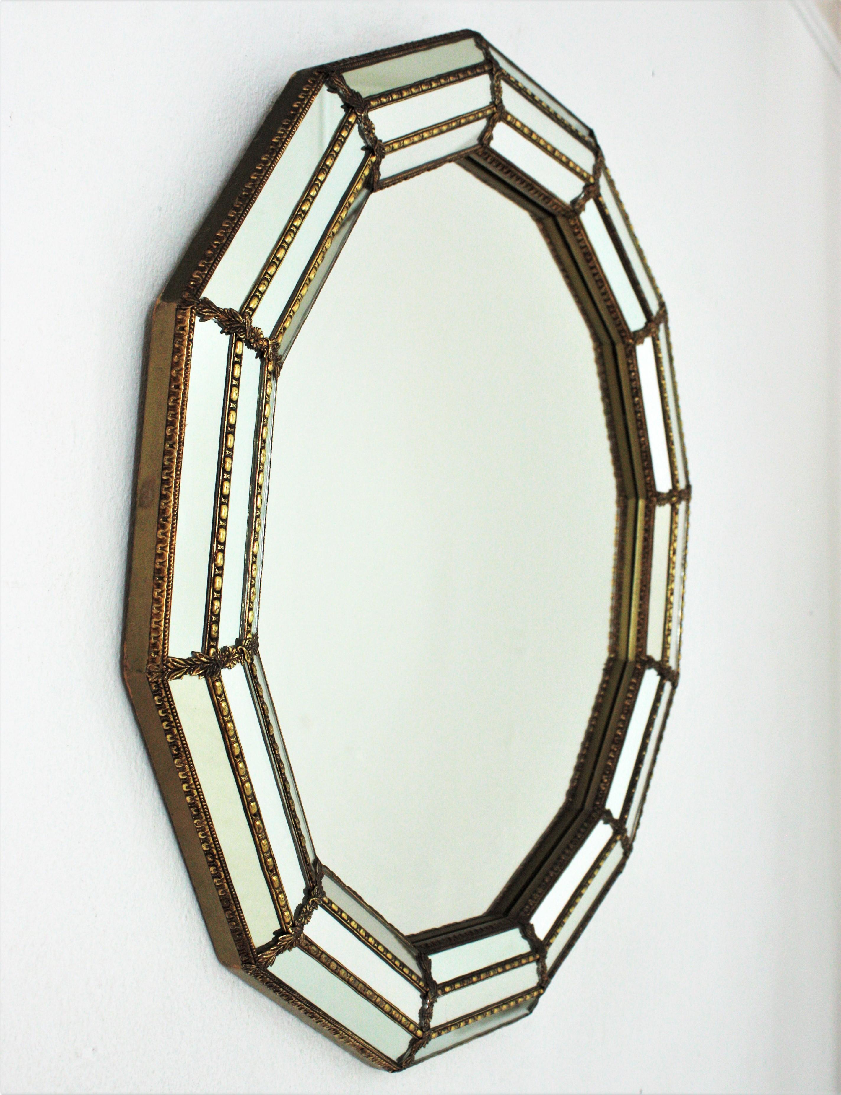Hollywood Regency Venetian Modern Round Mirror with Brass Details For Sale